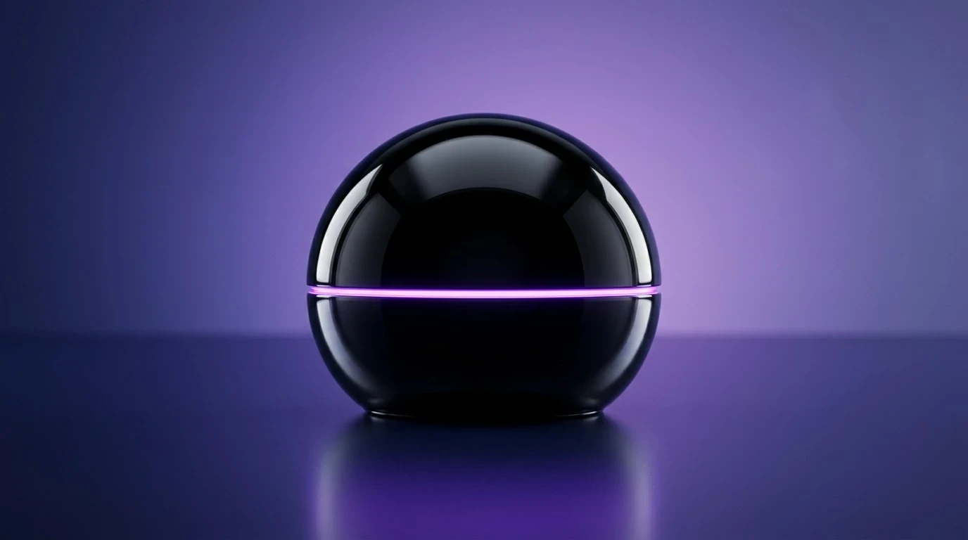 Lumen Home sleep companion: a glossy black sphere with a violet light band