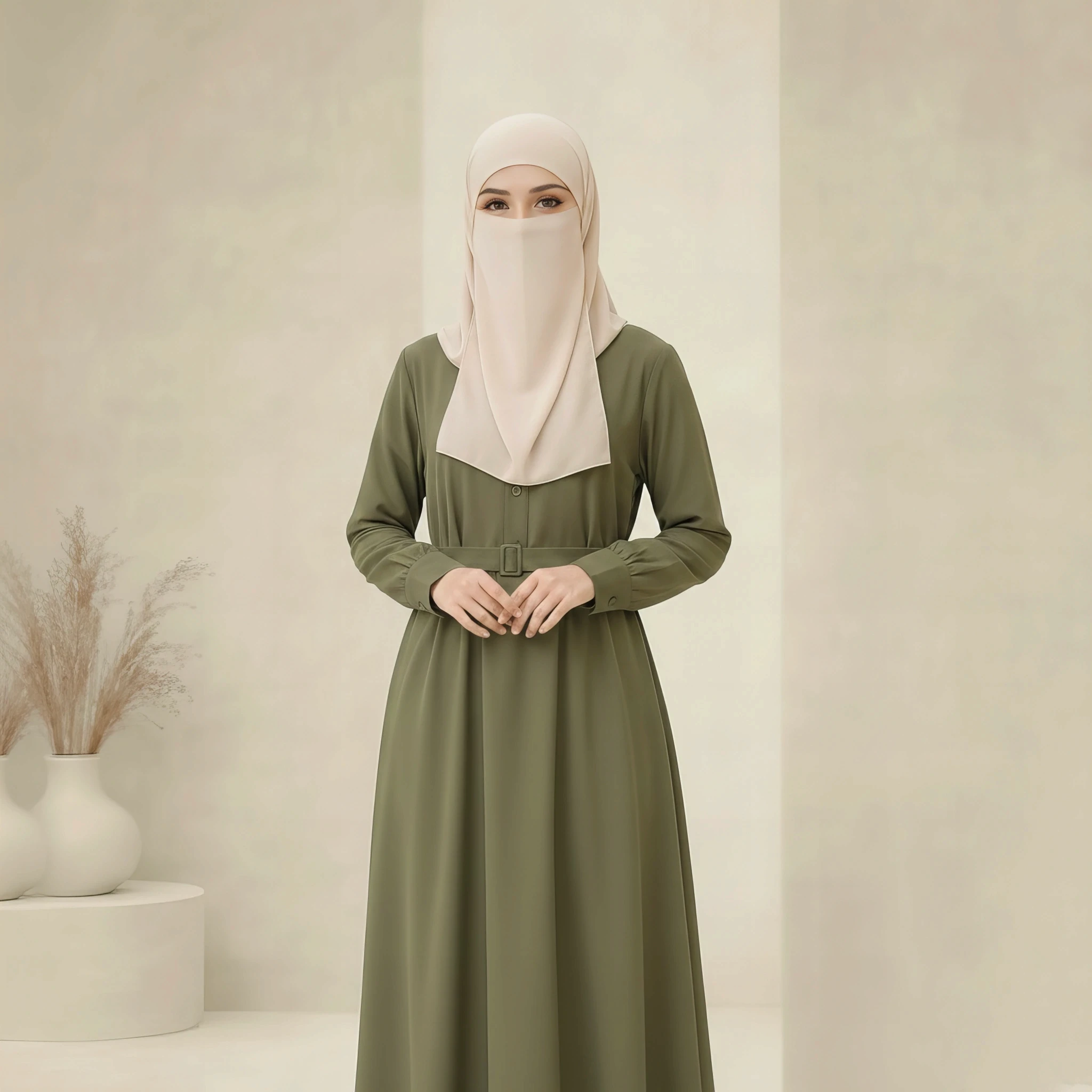 Pleated Midi Shirt Dress in Olive Fog