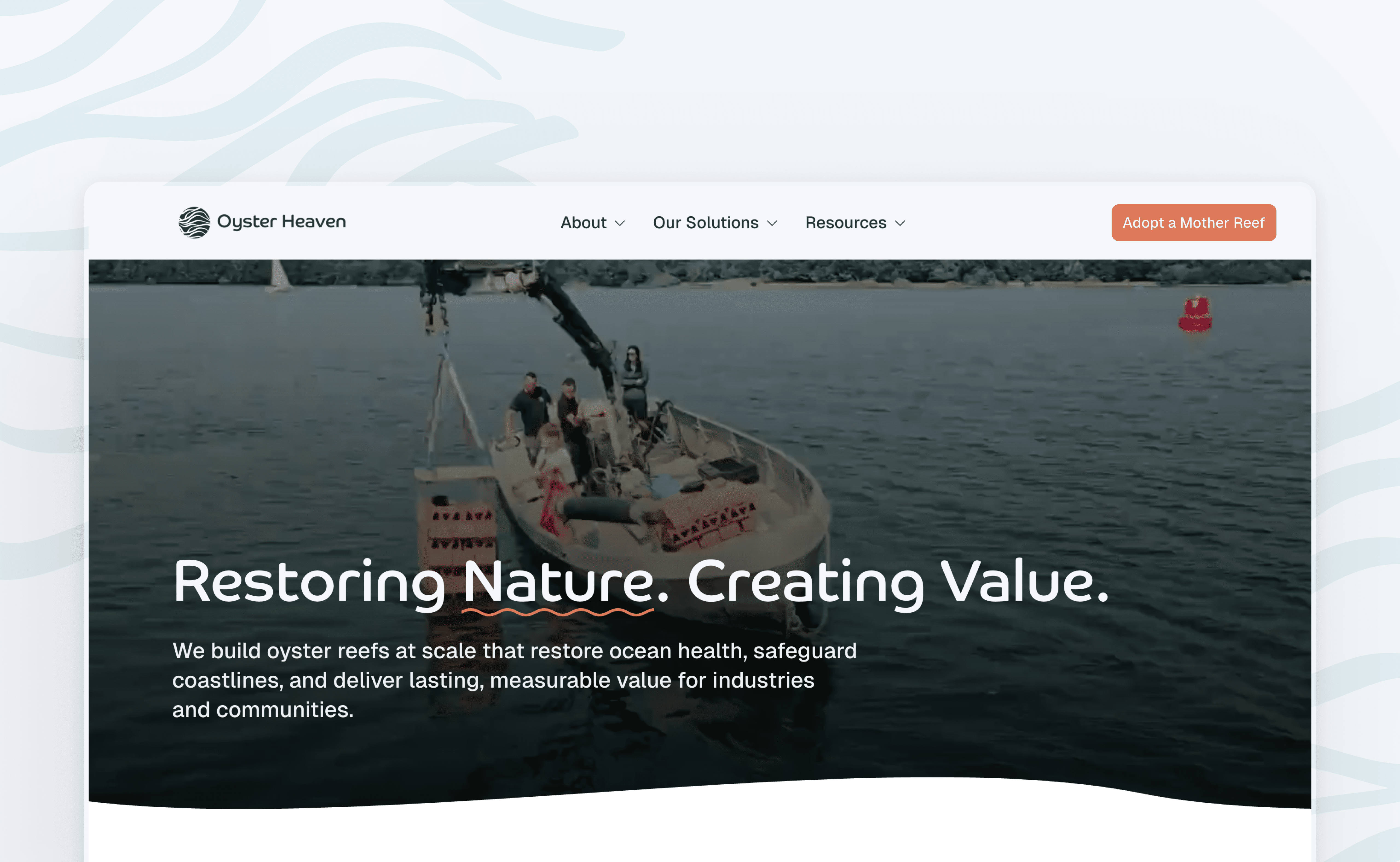 Website hero in desktop format with a nav bar, title, description and background video. It stays on top of a white background with blue waves