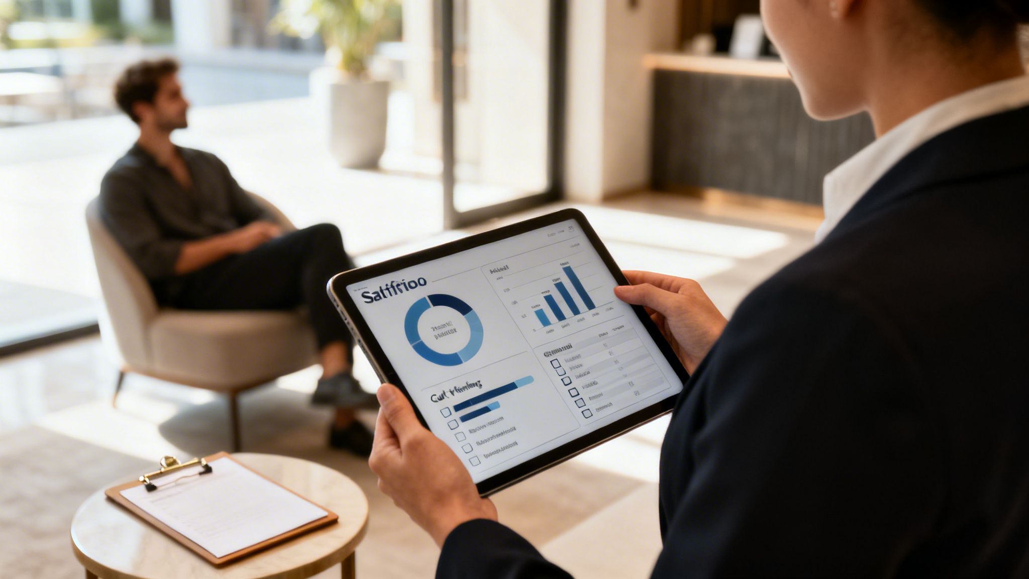 Professional holding a tablet with a 'Satiffrioo' business analytics dashboard in a bright modern office.