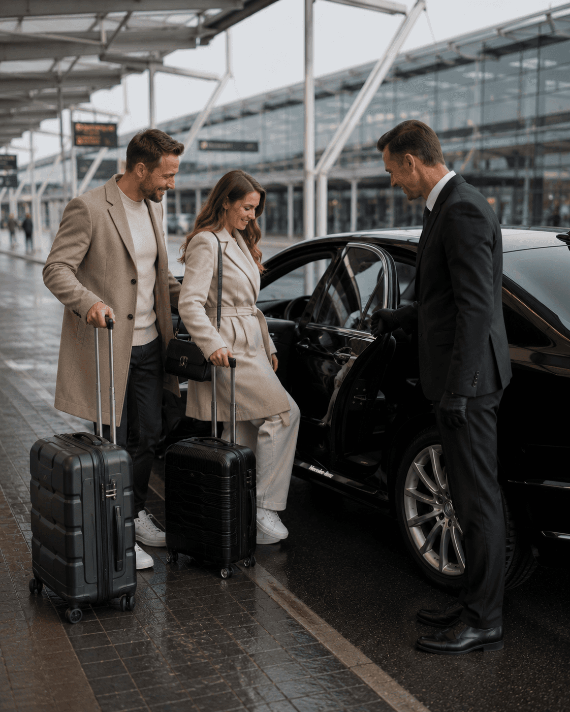 Chauffeur holding the car door open for arriving travellers at a Helsinki Airport pickup zone