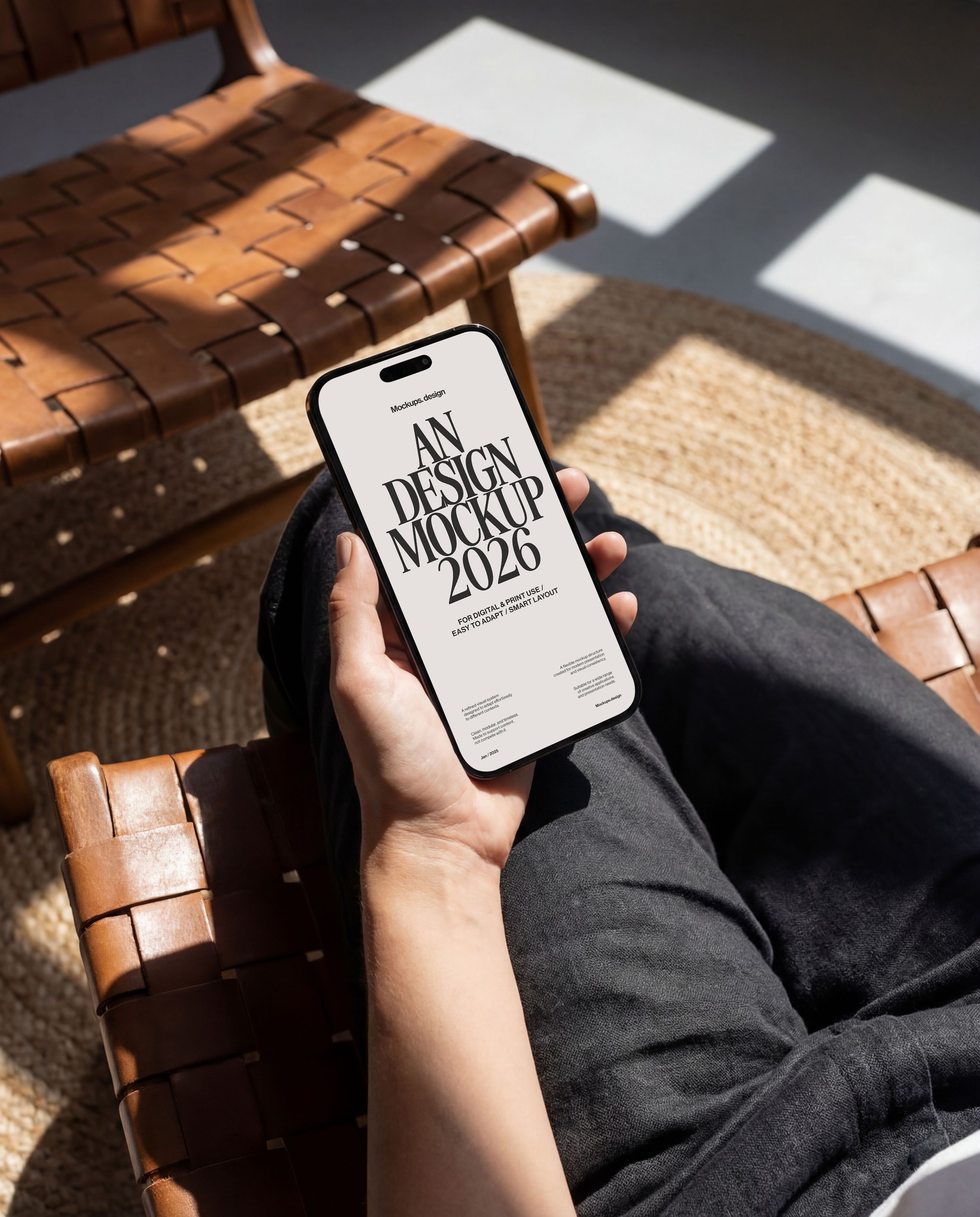 Man holding iPhone 16 mockup while seated on chair