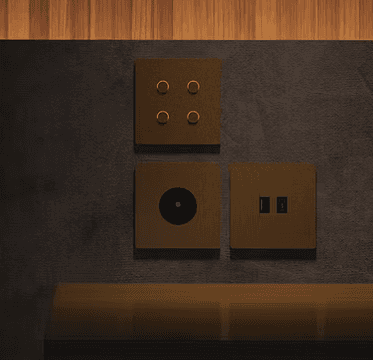 Four switches, a circular knob, and two rectangular outlets.