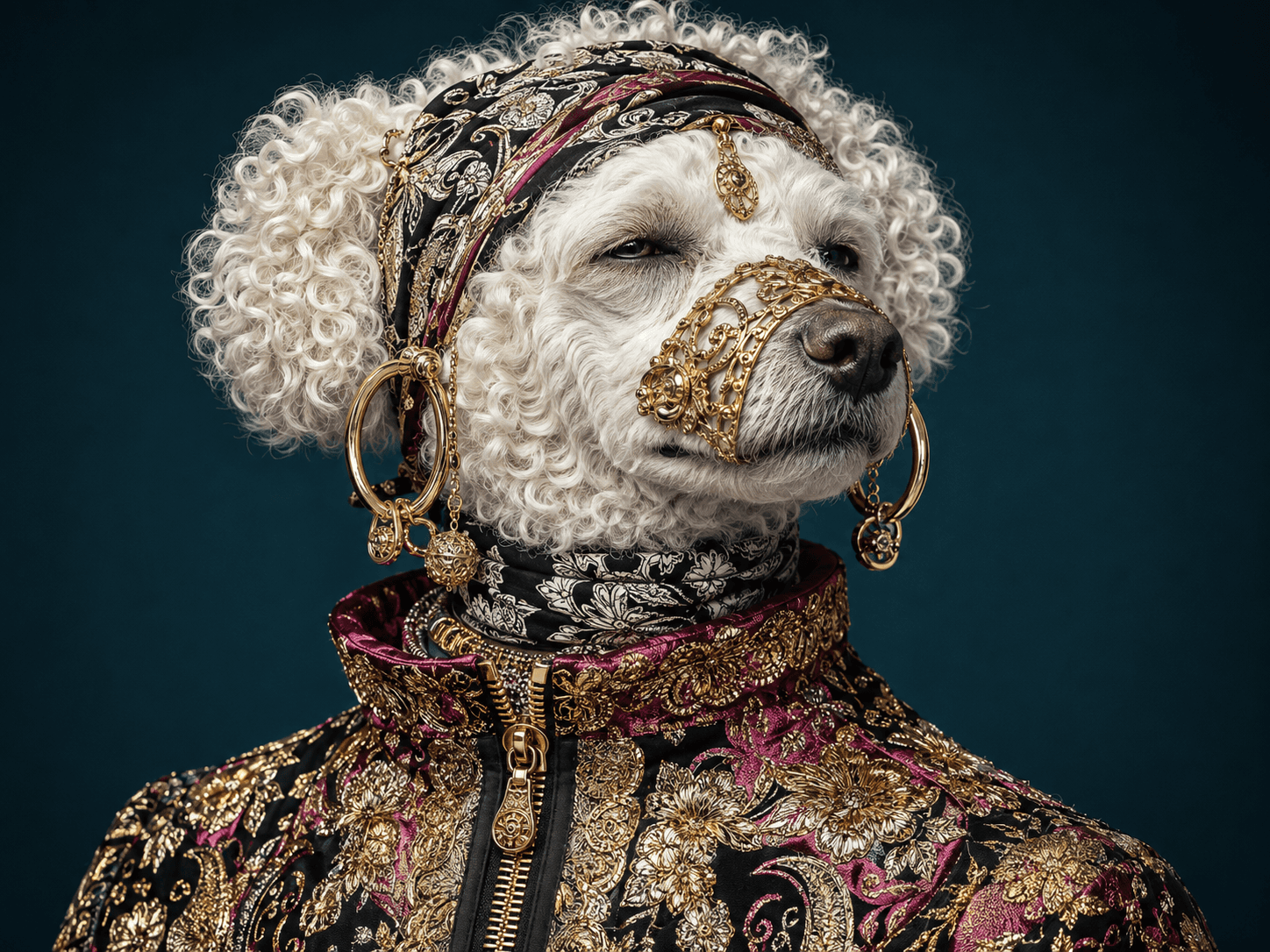 White poodle wearing ornate patterned clothing and gold jewelry