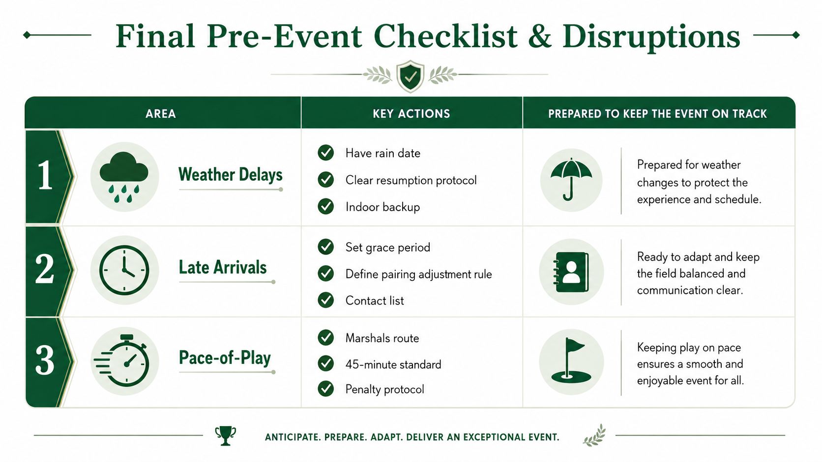 A checklist for managing golf tournament disruptions including weather delays, late arrivals, and pace-of-play issues.