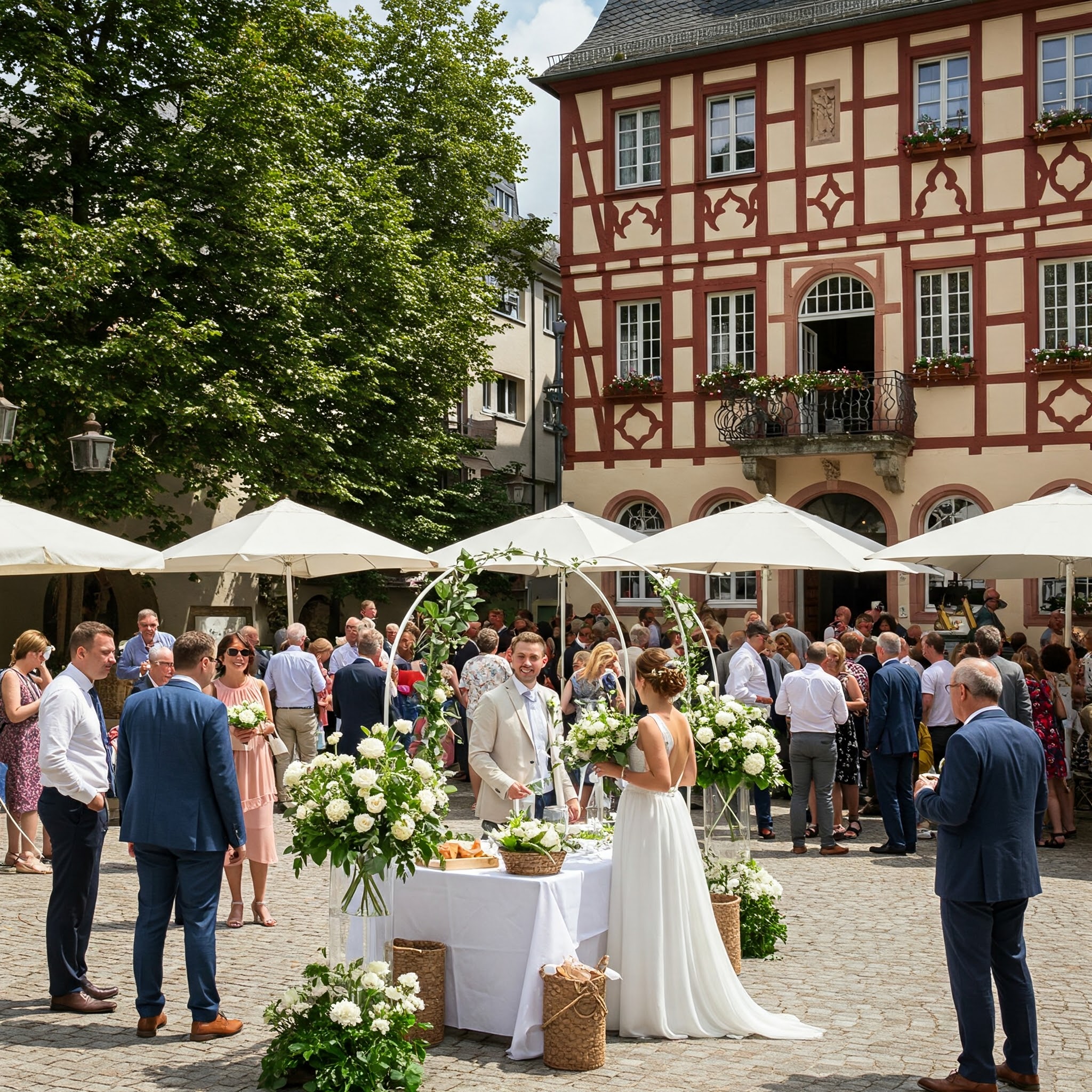 Eine Hochzeitsfeier in Bad Kreuznach, Deutschland, mit Braut und Bräutigam vor dem historischen Rathaus, Gästen und einer lebhaften Atmosphäre.