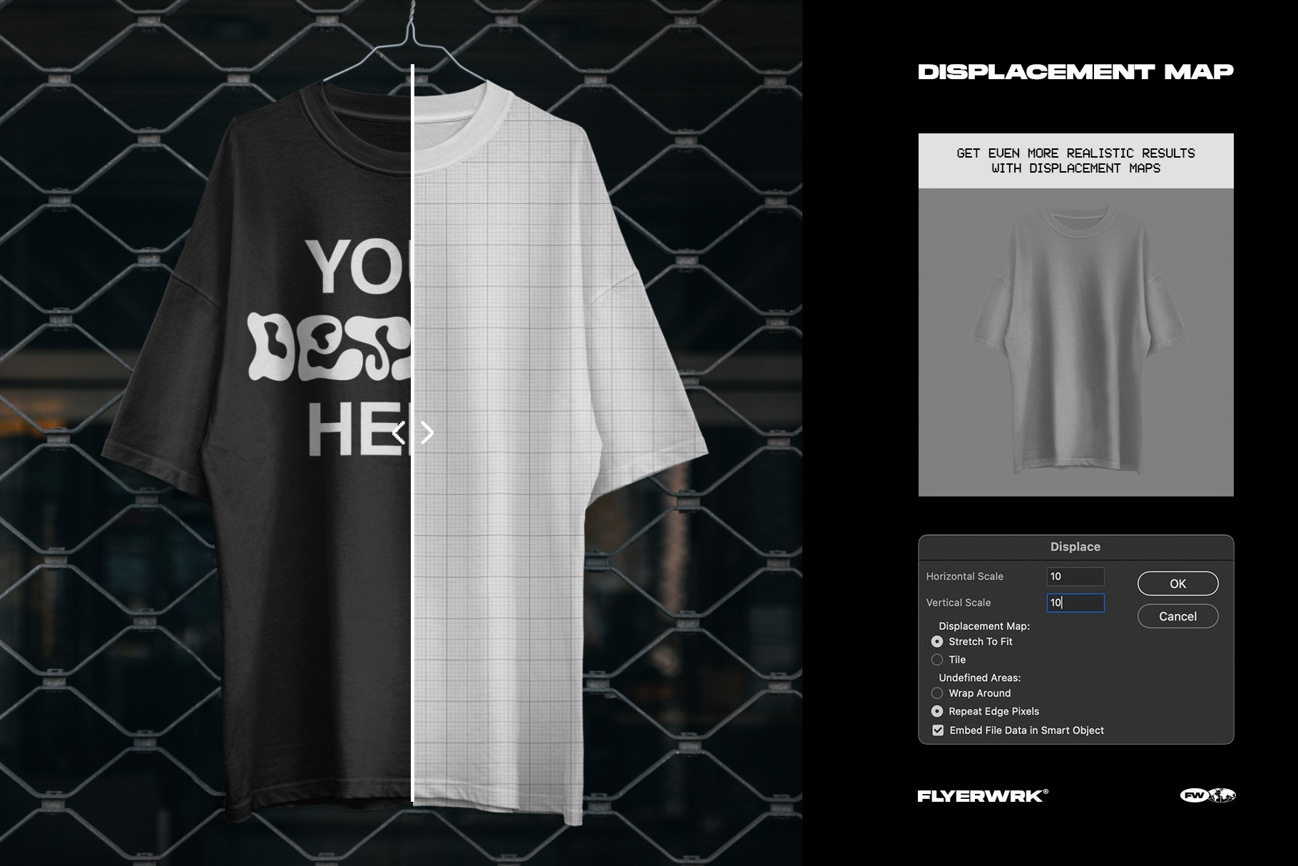 Technical view showing the displacement map wrapping a design realistically around the t-shirt fabric folds
