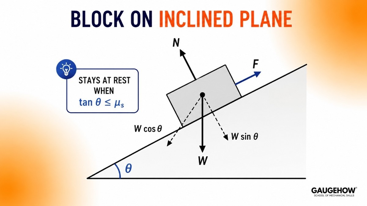 Free body diagram of a block on an inclined plane showing normal reaction, static friction up the slope and the weight resolved into components