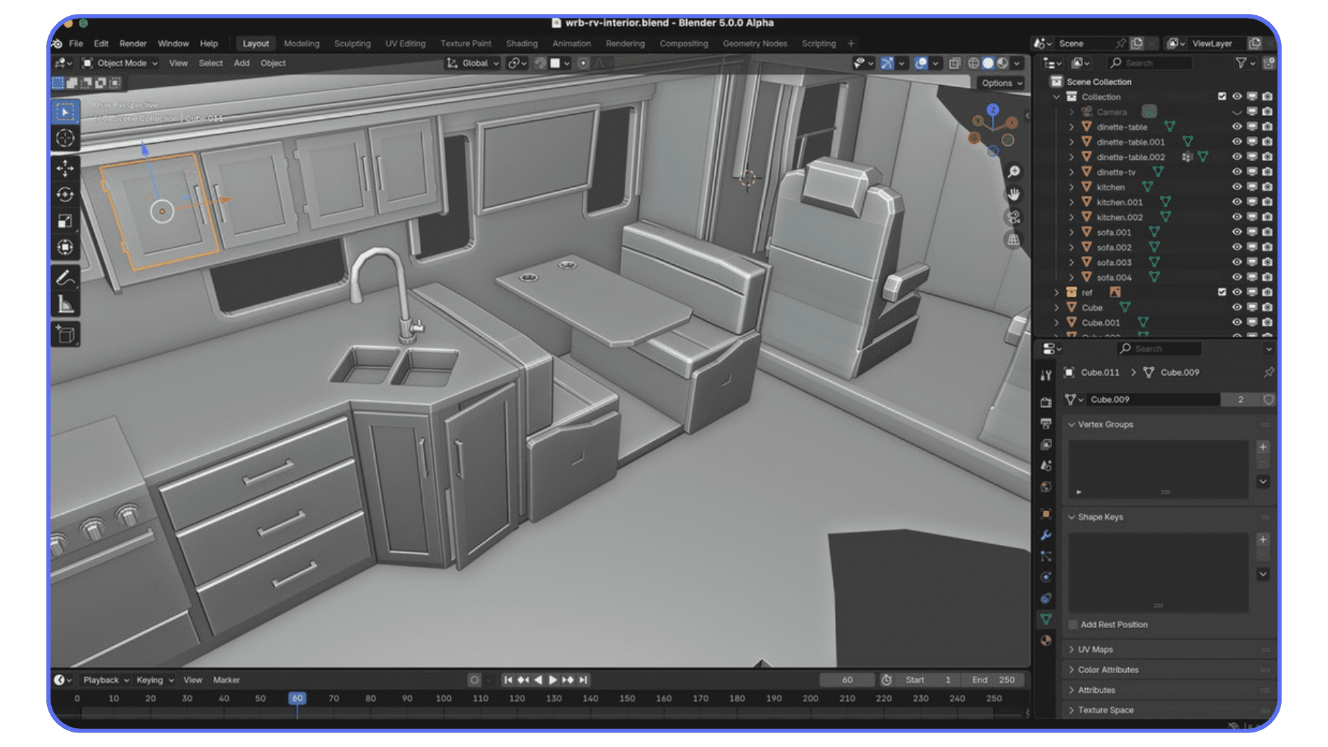 A detailed RV interior model inside Blender’s viewport, displaying cabinetry, seating, and kitchen elements in solid preview mode.