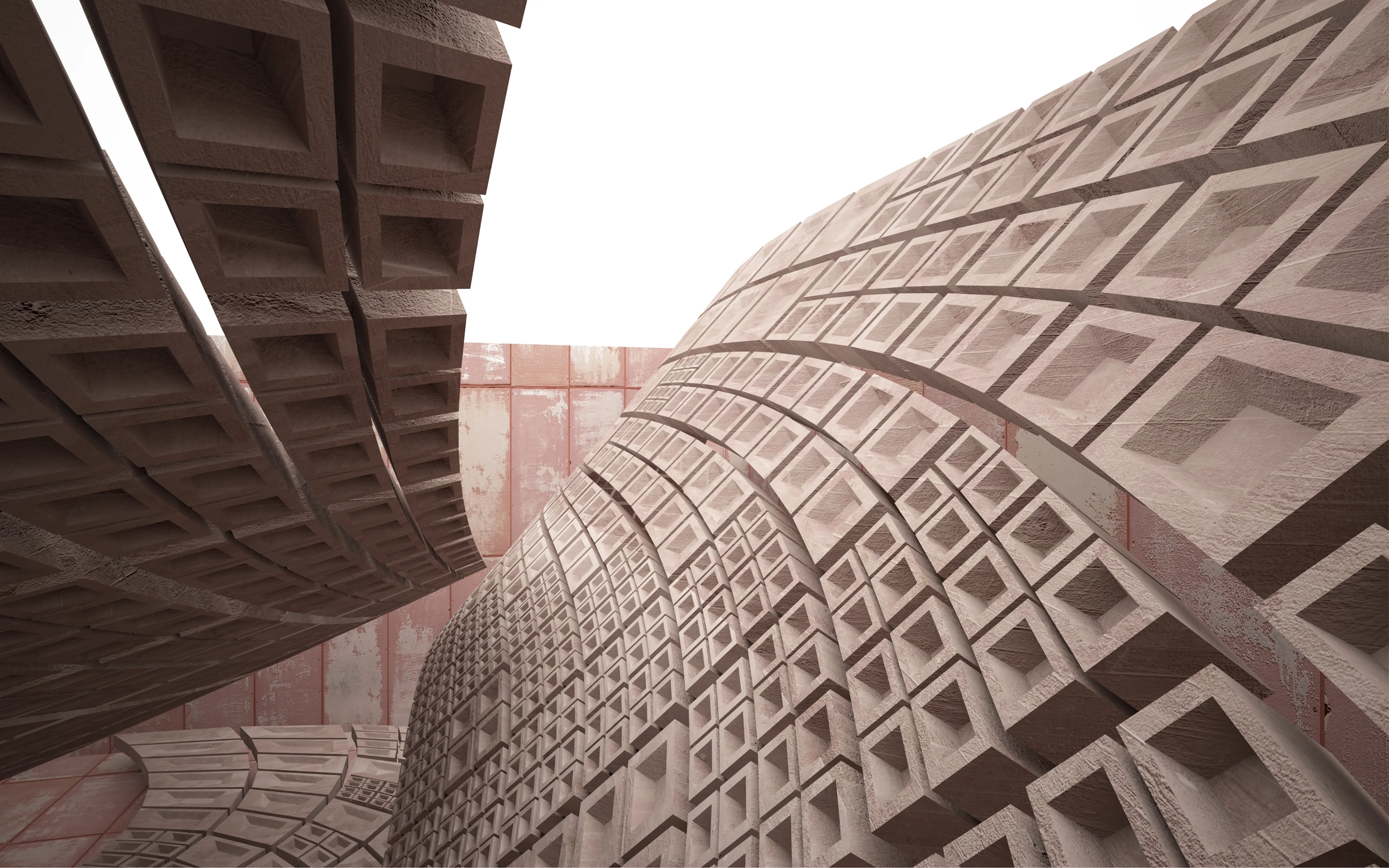 Abstract architectural view of curved concrete walls featuring a repetitive grid of square recessed niches