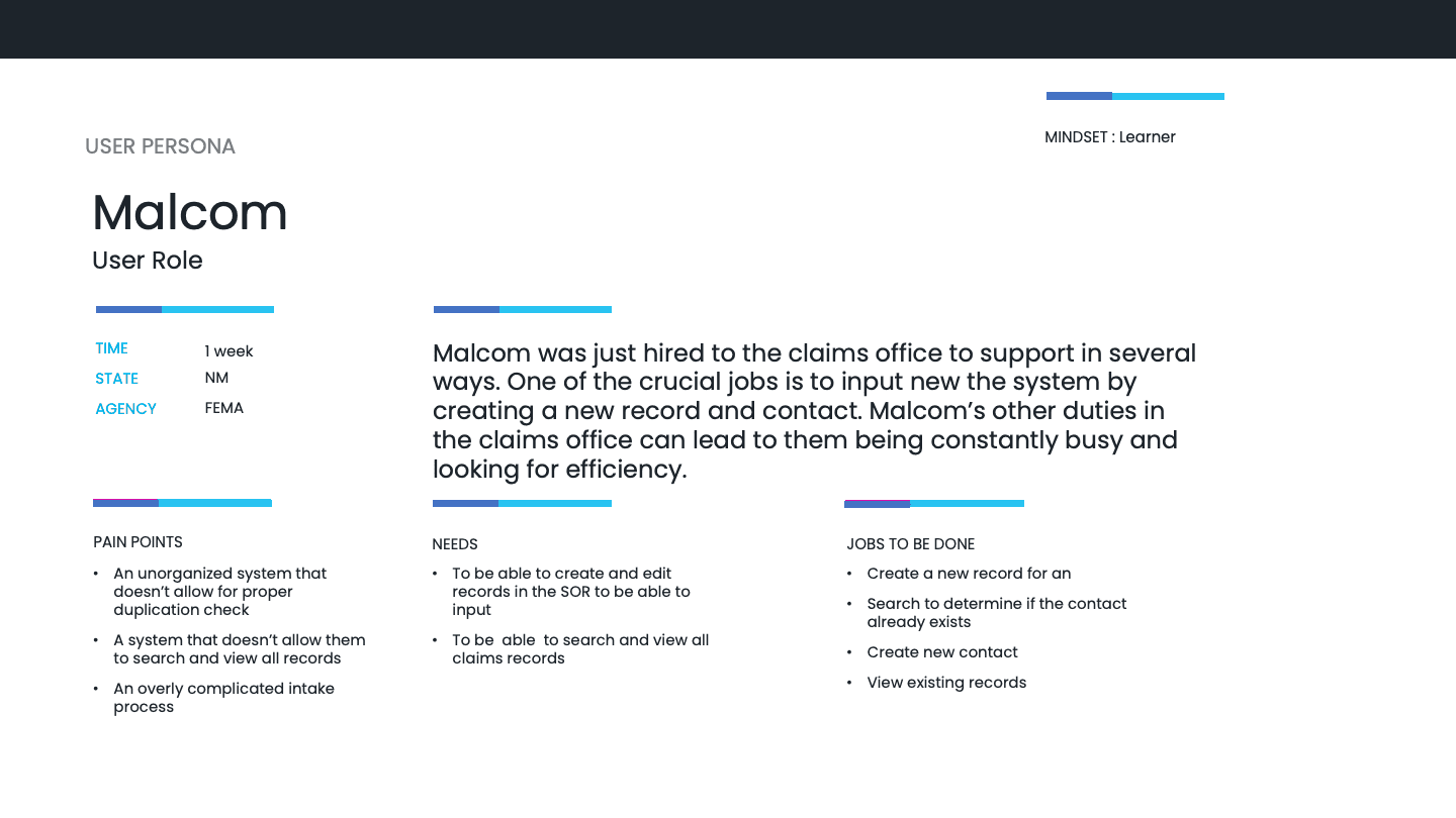 Slide describing a user persona named Malcom, a FEMA claims office worker, including his mindset, pain points, needs, and jobs to be done.