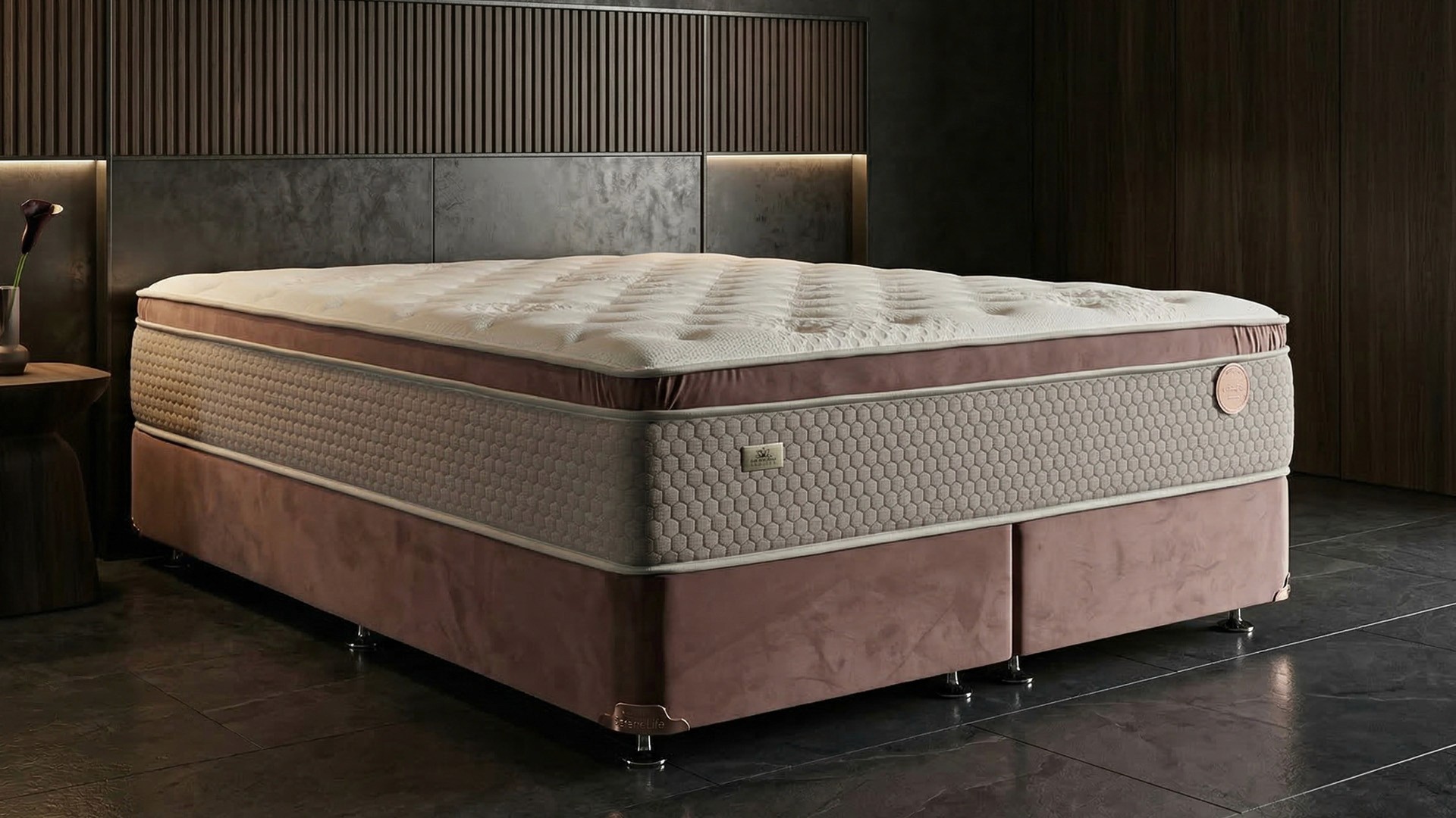 Layered angular wooden panels with warm accent lighting.