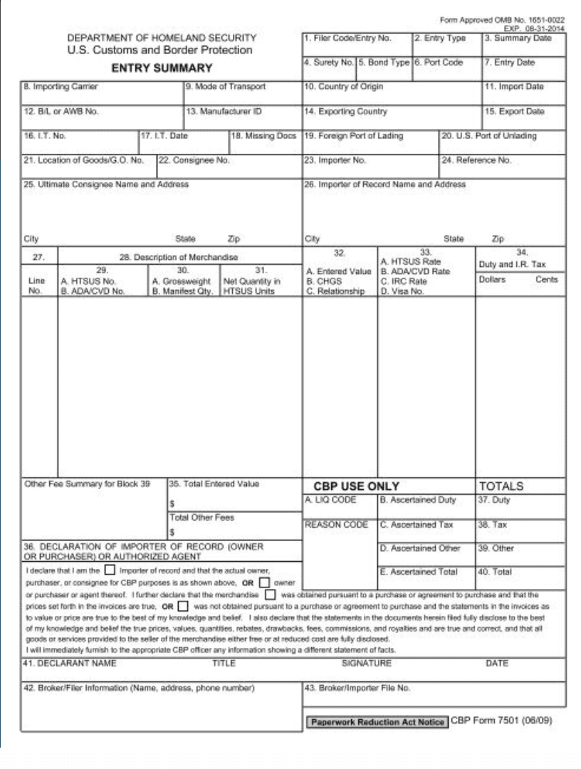 A copy of what the CBP form 7501 looks like
