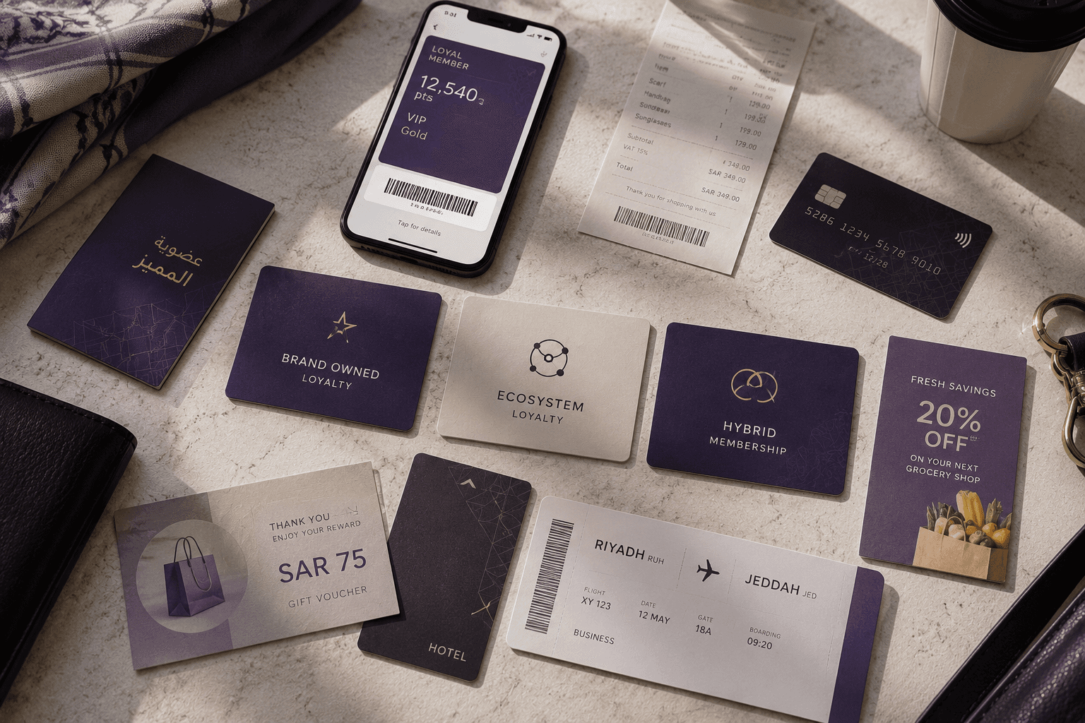 Physical loyalty cards, wallet passes, vouchers, and travel rewards arranged to represent owned, ecosystem, and hybrid loyalty models.