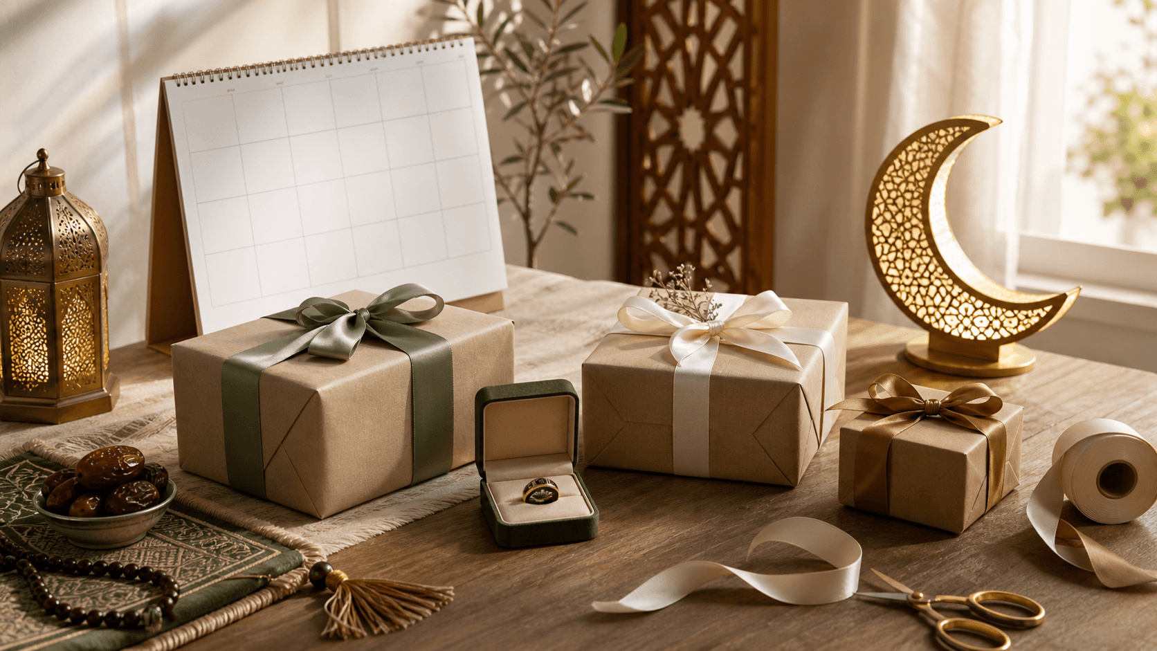 Wrapped Ramadan and Eid gifts with a blank calendar and crescent light for planning your gifting