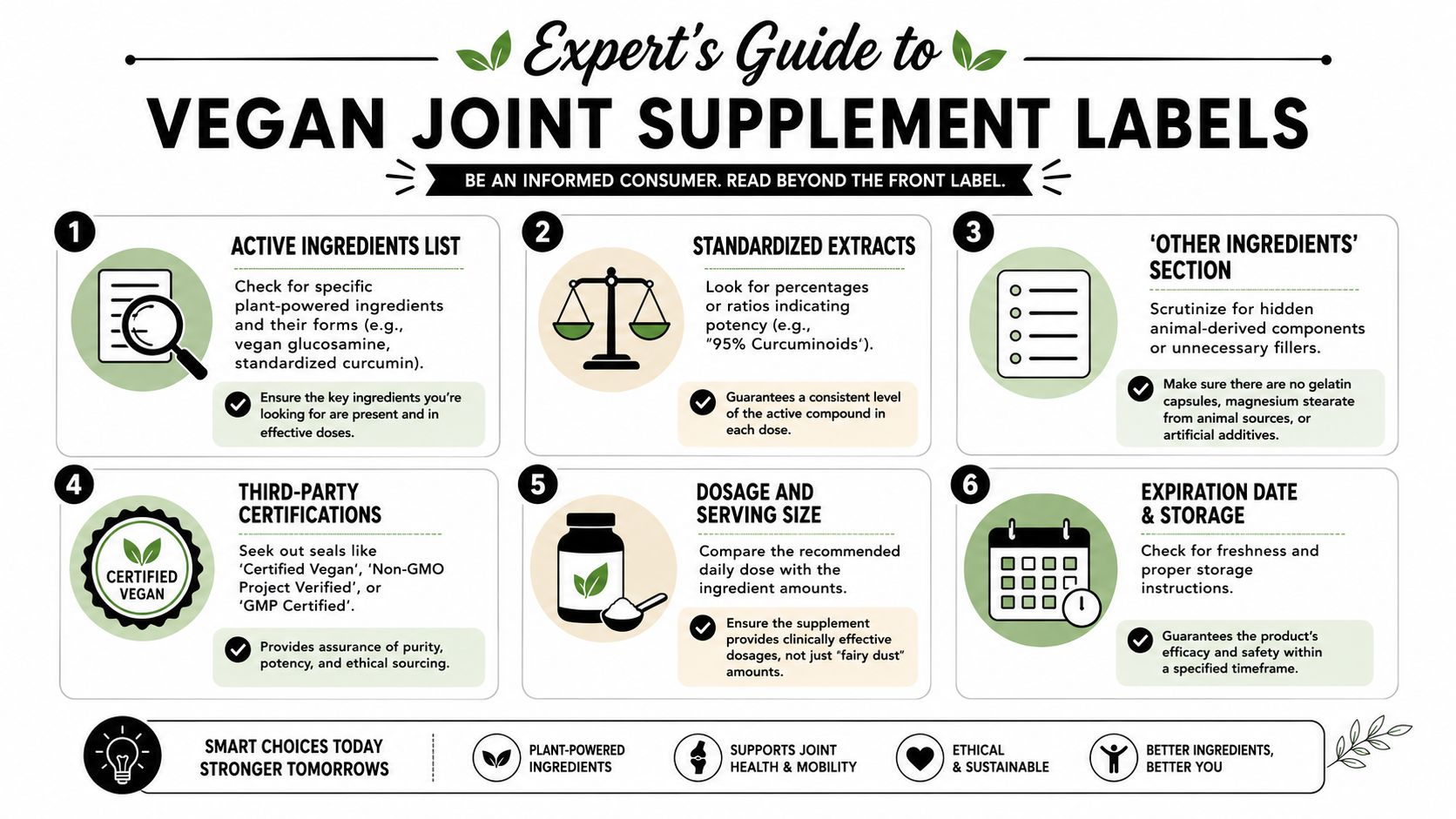 An infographic titled Expert's Guide to Vegan Joint Supplement Labels offering six tips for evaluating product quality.