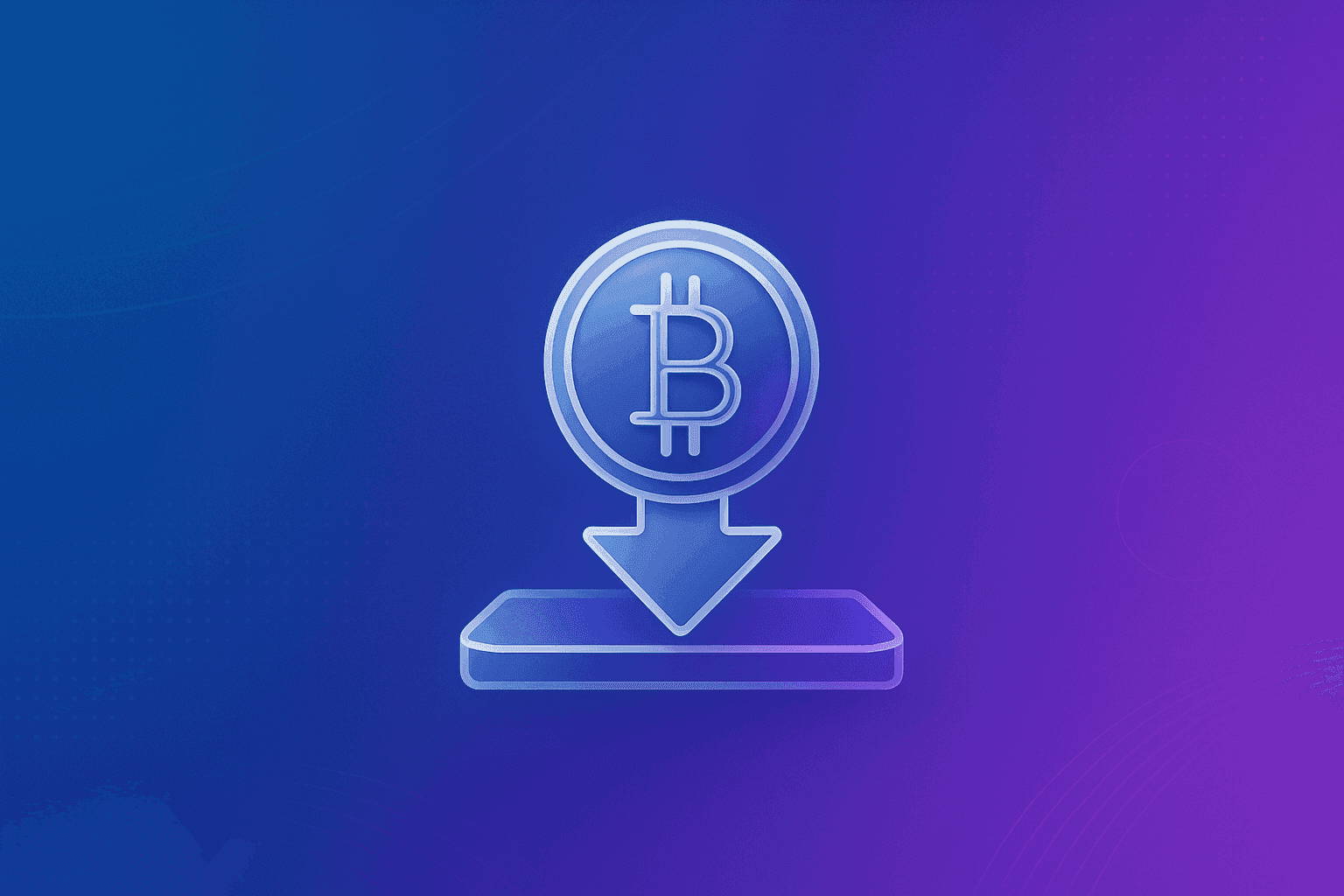 Bitcoin deposit icon with a downward arrow on a blue and purple gradient background. Premium fintech design.