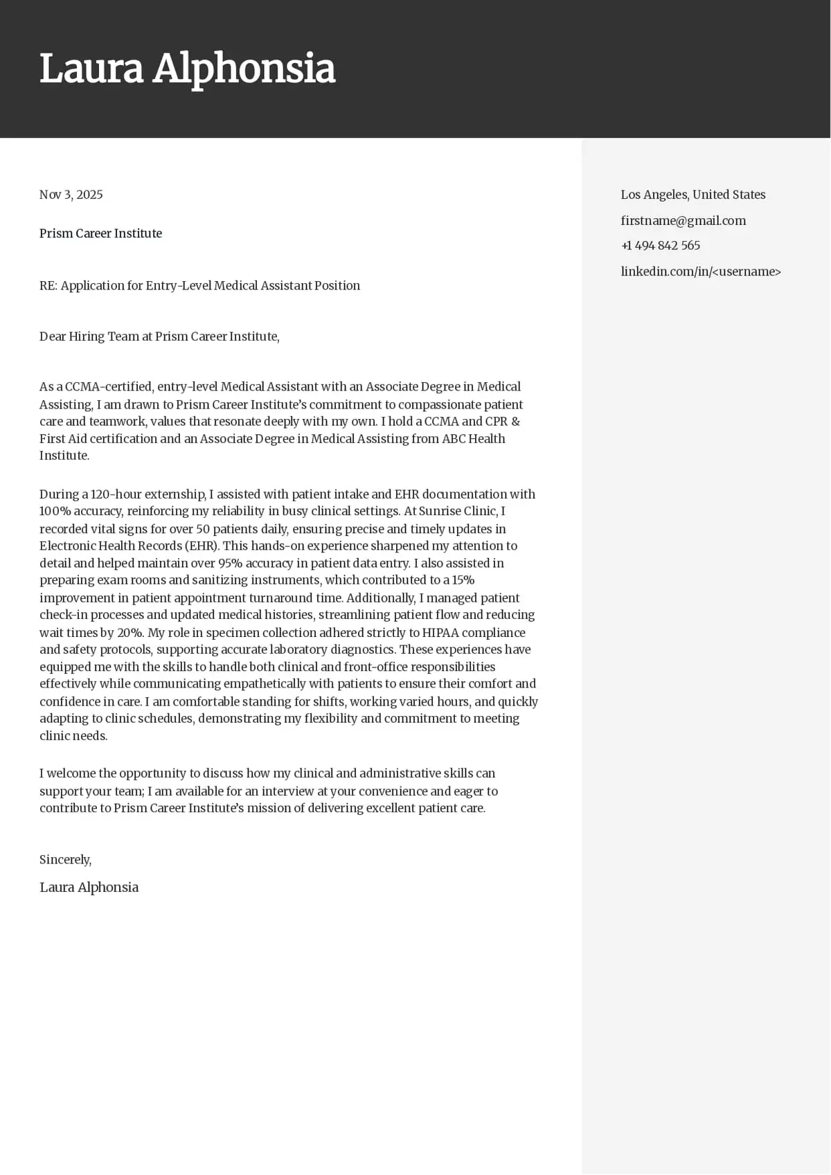 Medical Assistant Cover Letter Example
