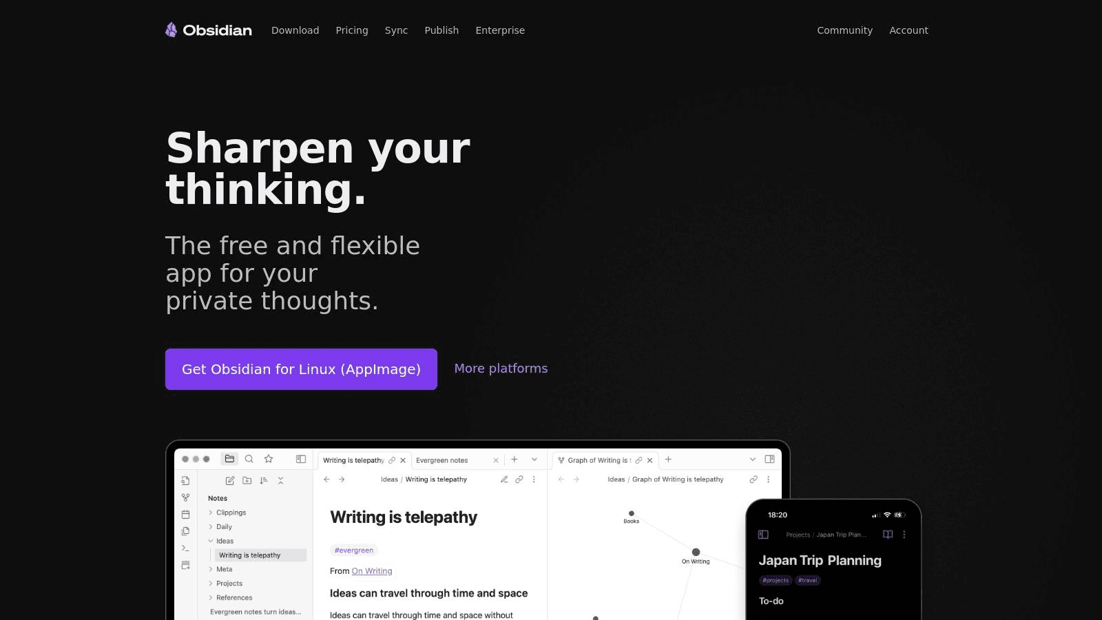 Screenshot of Obsidian note-taking app homepage. 