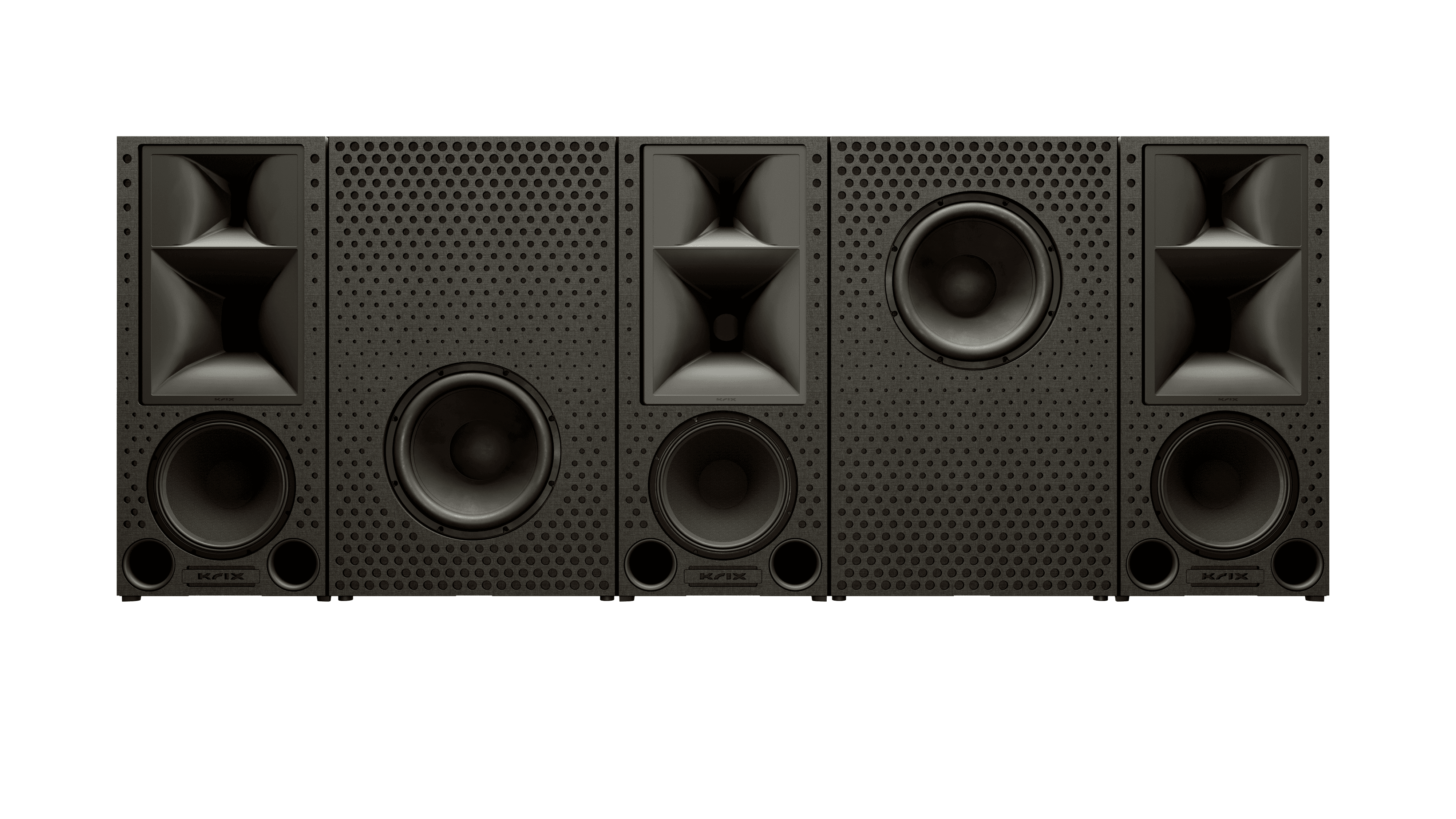 Krix speakers in a row with horn-loaded tweeters.