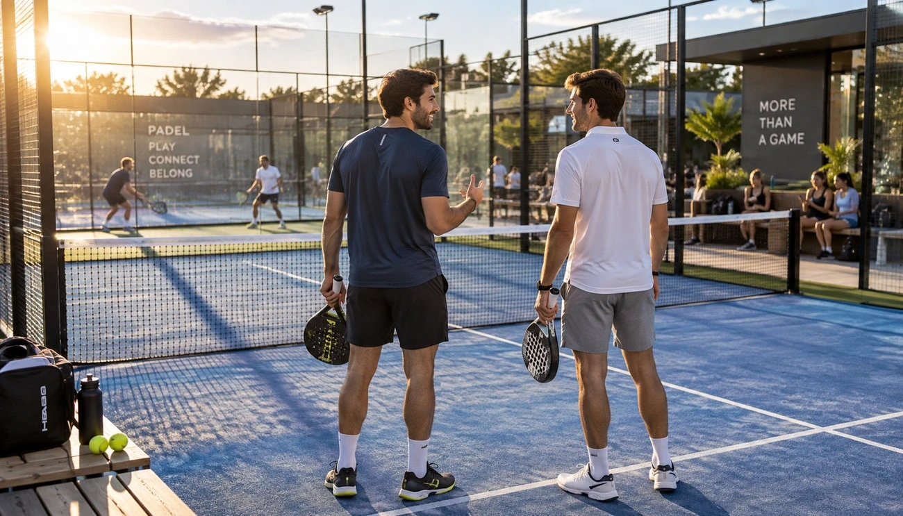 Two men holding padel rackets talk on a padel court with players and spectators in the background at sunset.