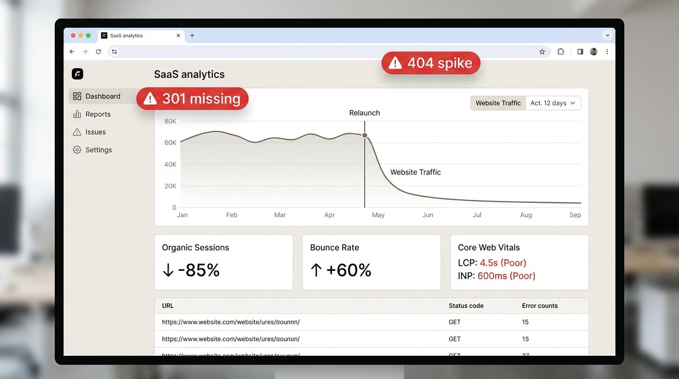 Analytics Dashboard zeigt Traffic Einbruch und technische Fehler nach einem missglückten Website Relaunch