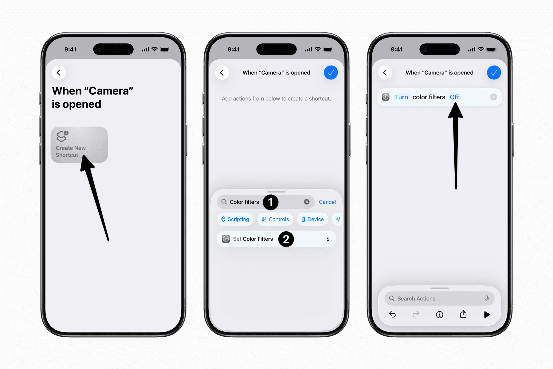 Creating a shortcut to turn off color filter via the Shortcuts app on iPhone
