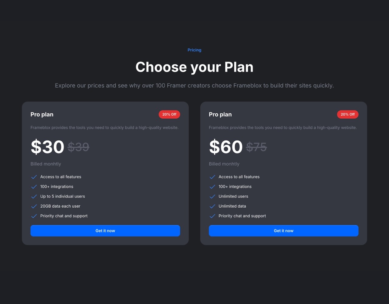 Framer Dark Pricing Section - Frameblox UI