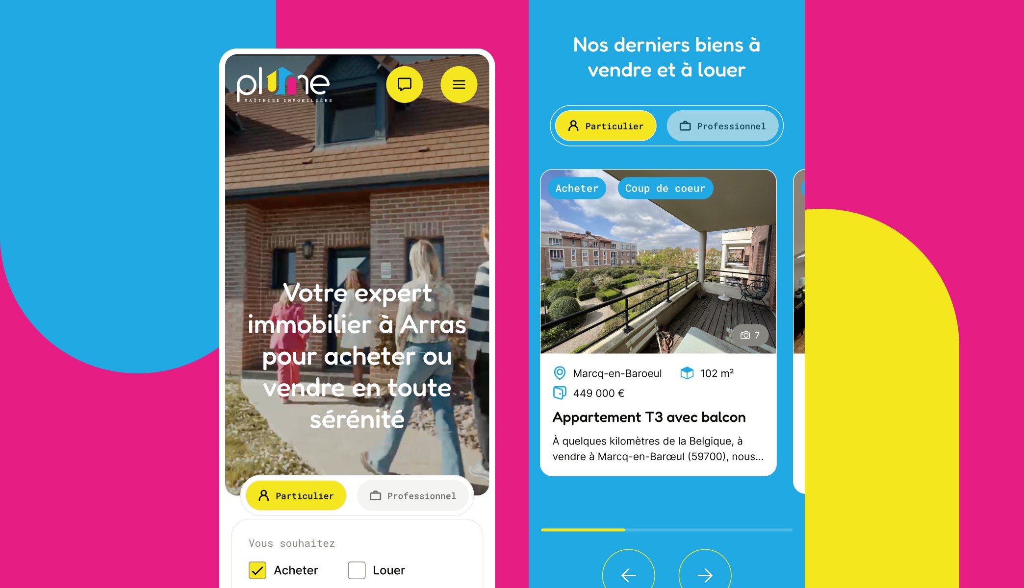 Zone hero de la page d'accueil de Plume Immobilier avec moteur de recherche pour trouver un bien