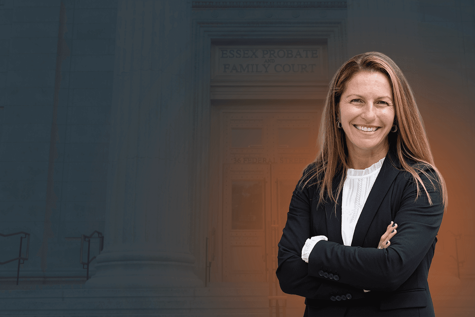 Monique Boucher Lamb, Founding Attorney at Lamb & Lamb, P.C., standing outside Essex Probate and Family Court in Salem, MA
