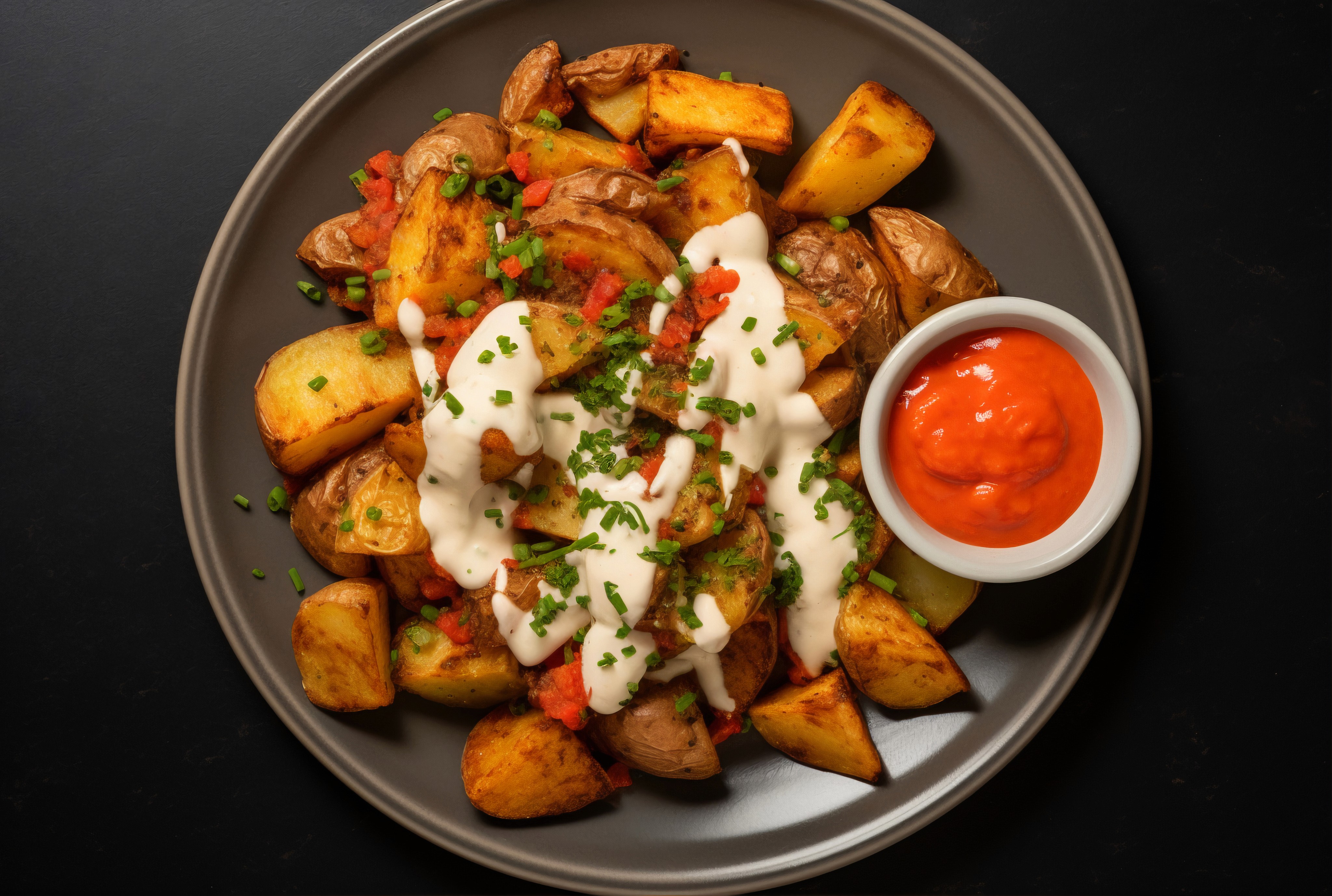 An overhead shot of Patatas Bravas or seasoned roasted potatoes, drizzled with a creamy white aioli sauce and sprinkled with chives, served on a dark gray plate alongside a small bowl of spicy red sauce.
