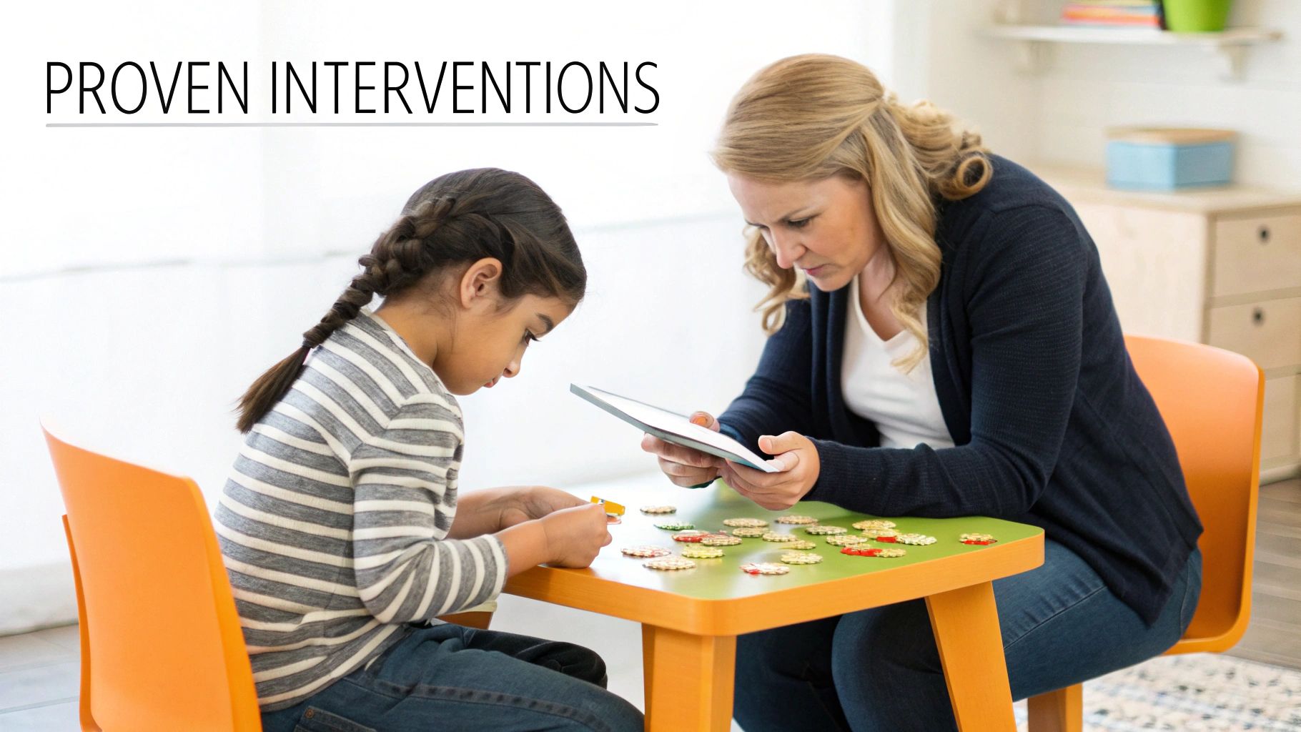 A tutor guiding a young student through a reading exercise on a tablet, symbolizing modern intervention strategies.