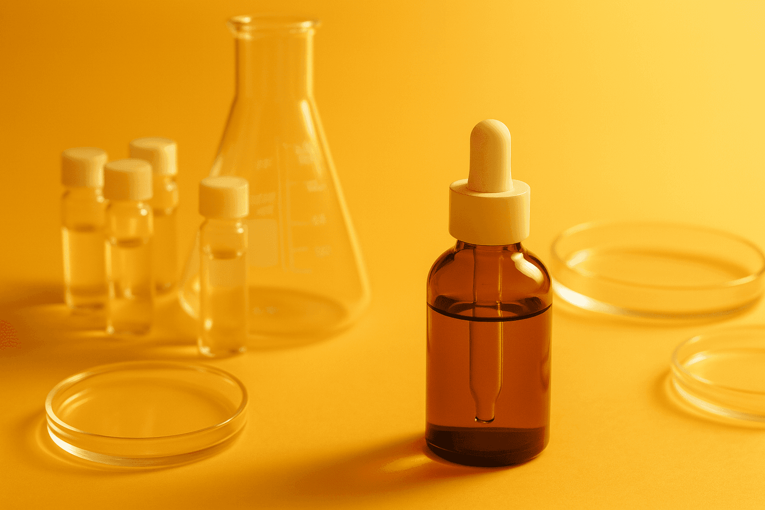 One skincare bottle set apart from a much larger group of laboratory vials, illustrating one human trial against a larger body of preclinical studies