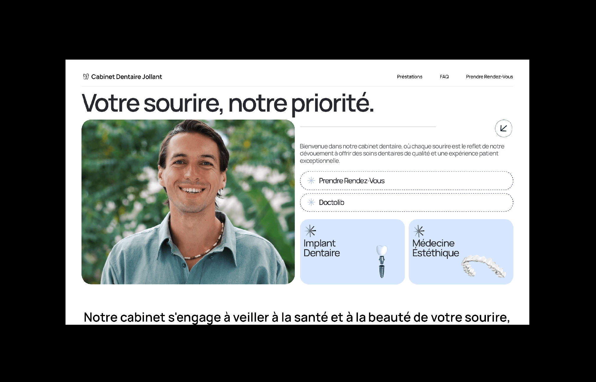 Page d'accueil du Cabinet Dentaire Jollant avec un homme souriant