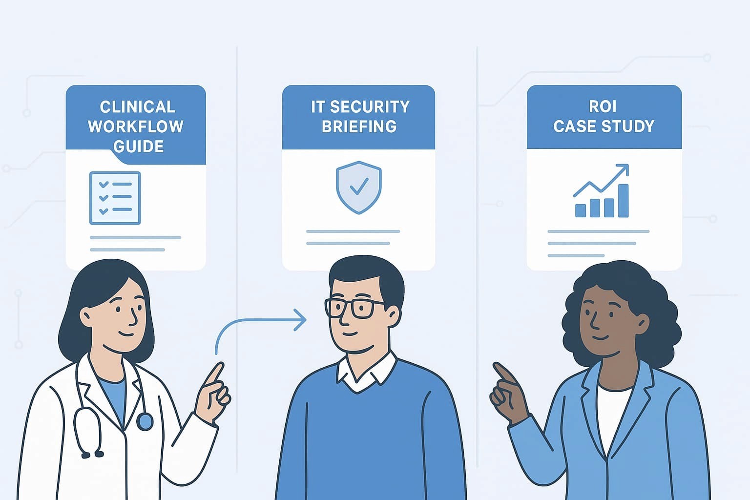 “Illustration depicting various resources for the SaaS industry, including a clinical workflow guide, IT security briefing, and ROI case study, but without any text overlay”.