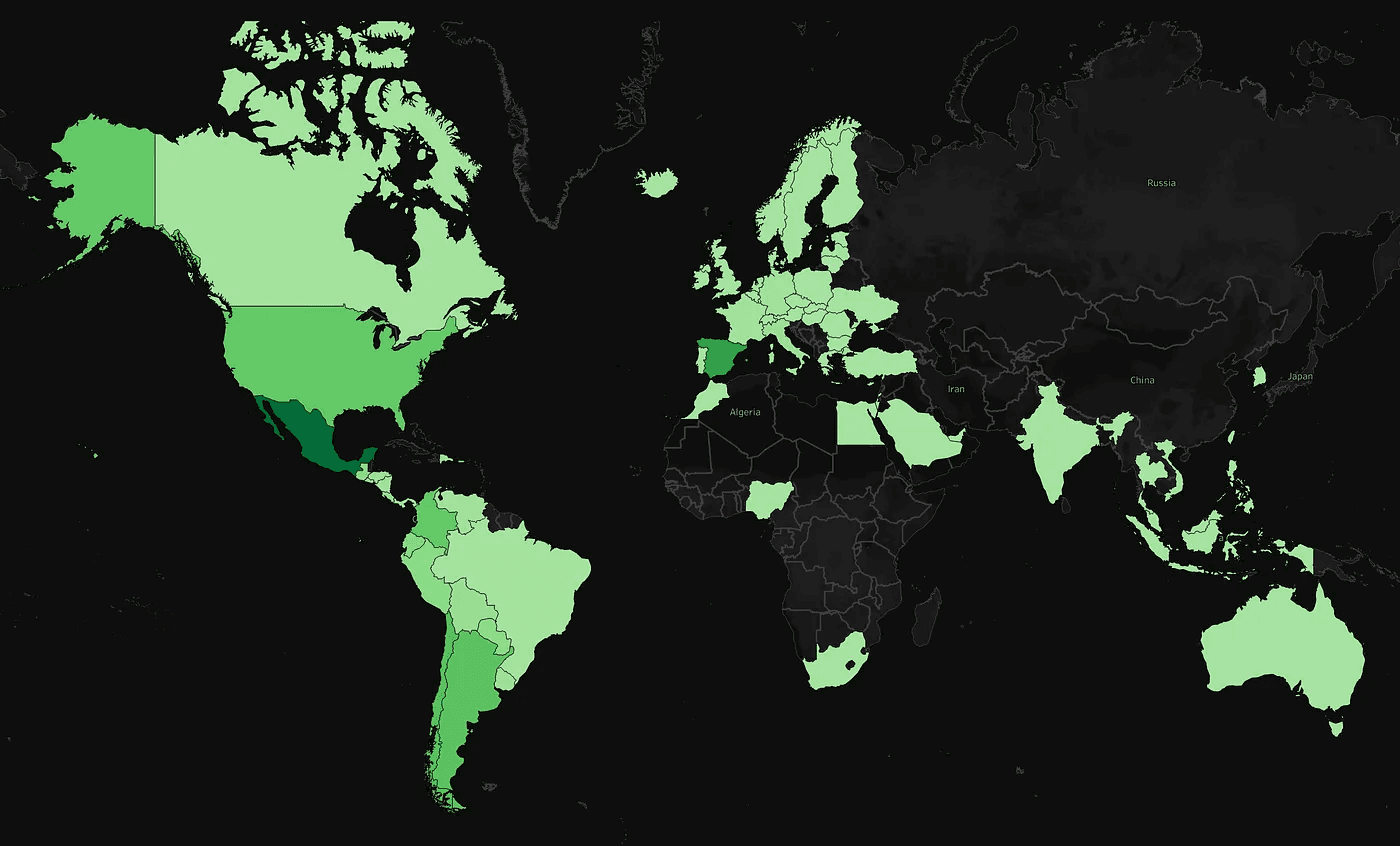 World map with countries shaded in different shades of green, indicating the regional popularity of Reggaeton/Latin Trap on Spotify from 7/14/2021 to 7/14/2022, as provided by medium.com.