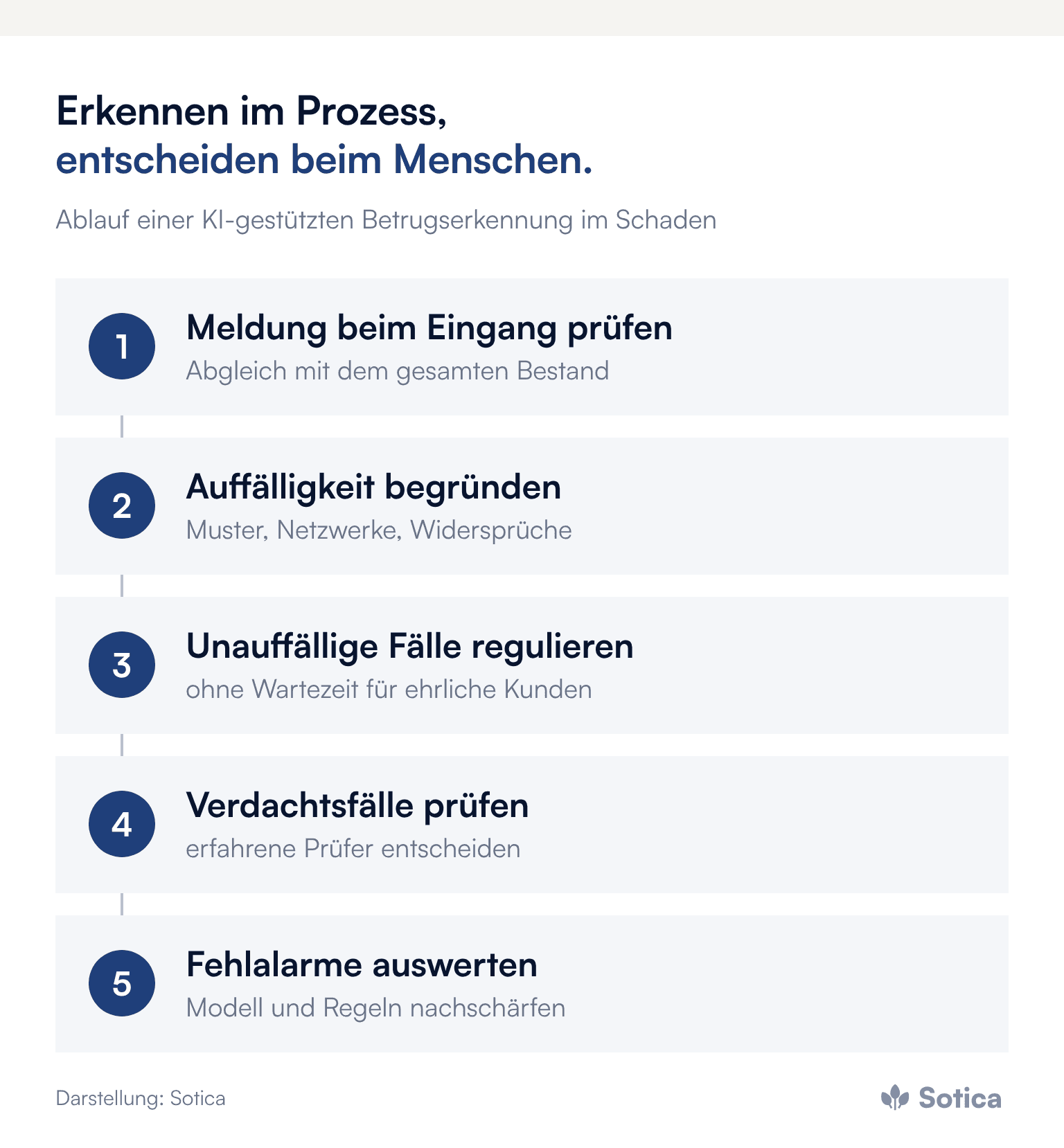 Prozesskette in fünf Schritten: Meldung beim Eingang prüfen, Auffälligkeit begründen, unauffällige Fälle regulieren, Verdachtsfälle durch erfahrene Prüfer entscheiden lassen, Fehlalarme auswerten. Darstellung: Sotica.