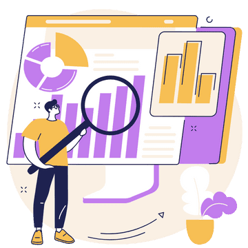 Illustration of a person holding a magnifying glass in front of a screen displaying bar charts and pie charts.
