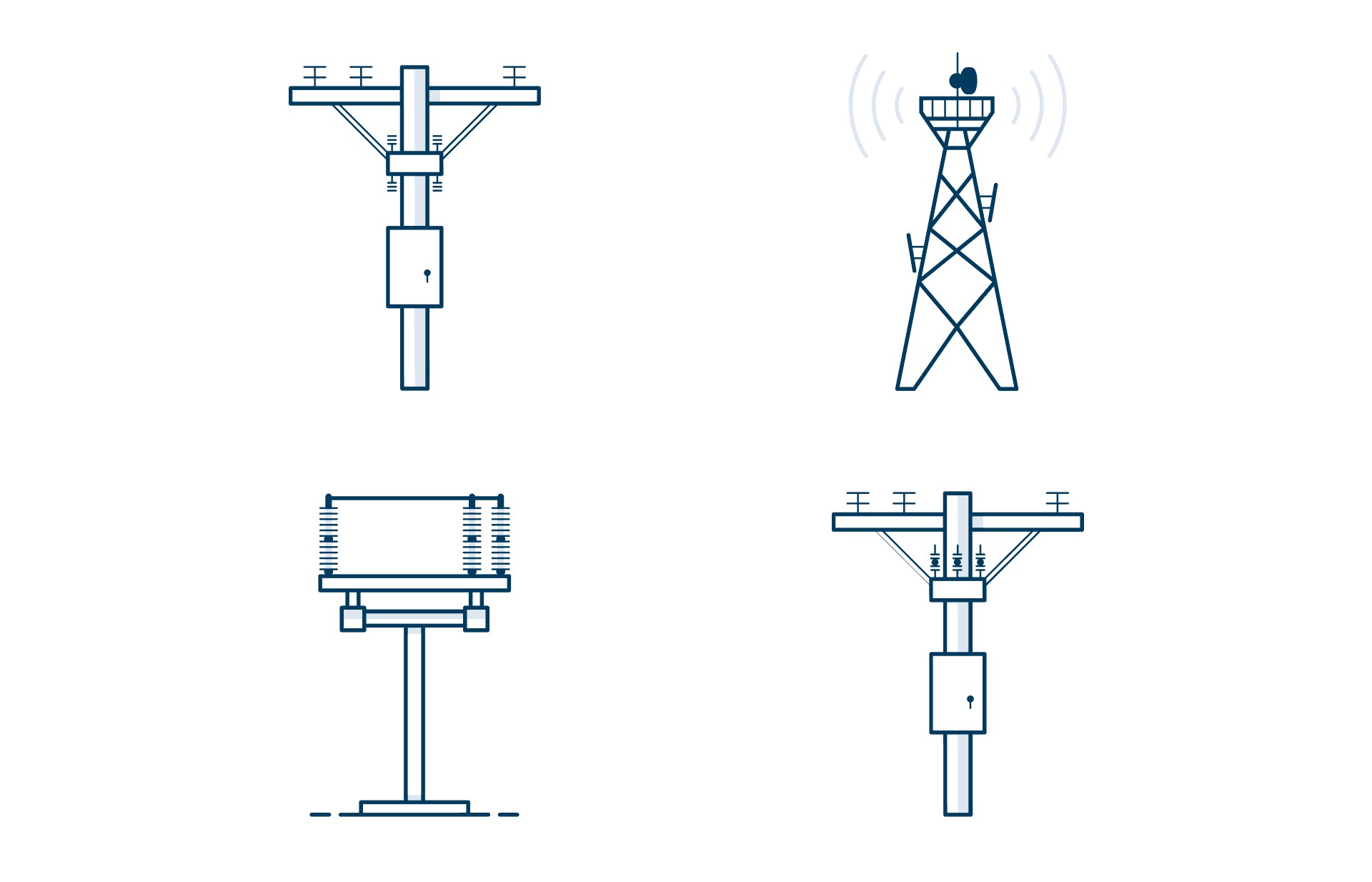 4 pictograms arranged 2 by 2. They depict a distribution pole with MOAB control, a communications tower, a power line switch, a distribution pole with recloser control