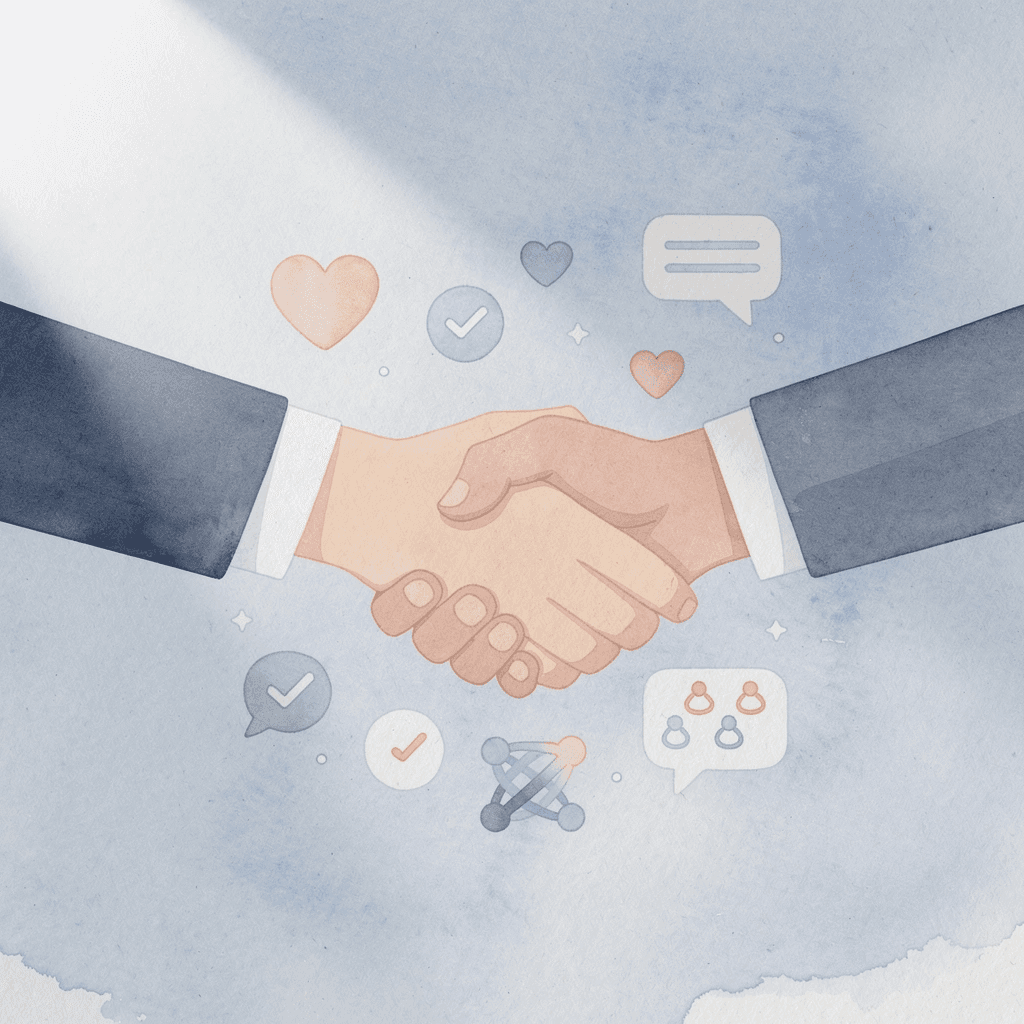 Scene of two hands connecting with floating icons representing client relationships strengthened by company swag