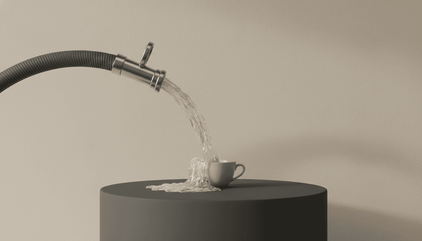 A conceptual illustration of a fire hose spraying water into a tiny teacup, representing the overwhelming volume of AI content vs strategic capacity.