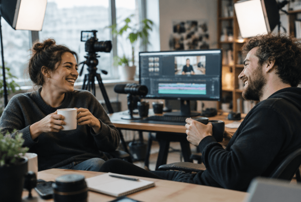 Two colleagues laughing during a break while planning video ad scripts
