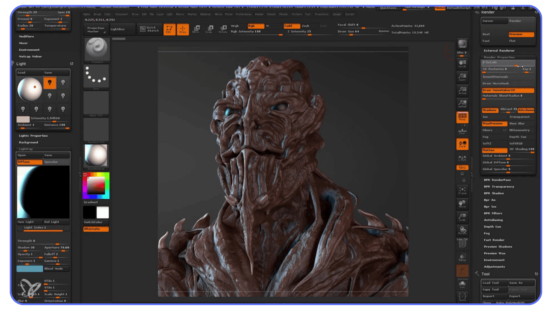 Render of a detailed fantasy creature inside ZBrush with textured skin and lighting adjustments, illustrating complex projects that push hardware limits.