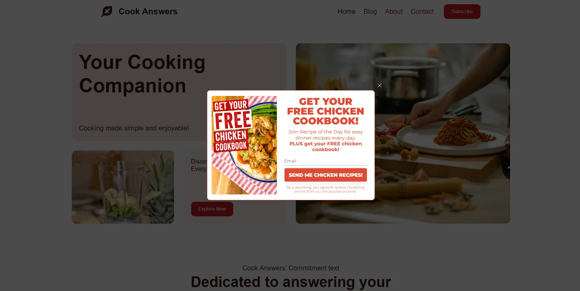 A centered lead capture popup by Claspo on a culinary website offering a free downloadable chicken cookbook in exchange for an email address using a high-value lead magnet layout.