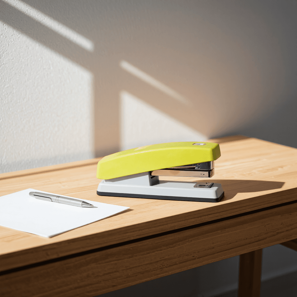 product photography of a stapler for office use, designed for binding papers together