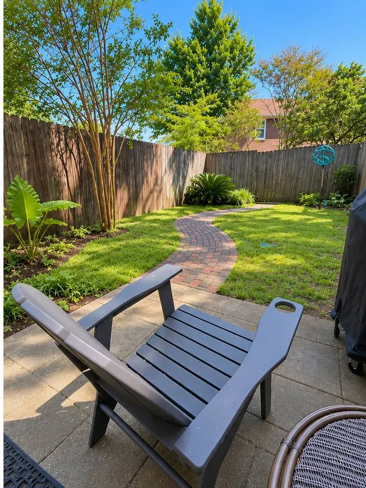 Adirondack chair on the back patio looking over the fenced garden