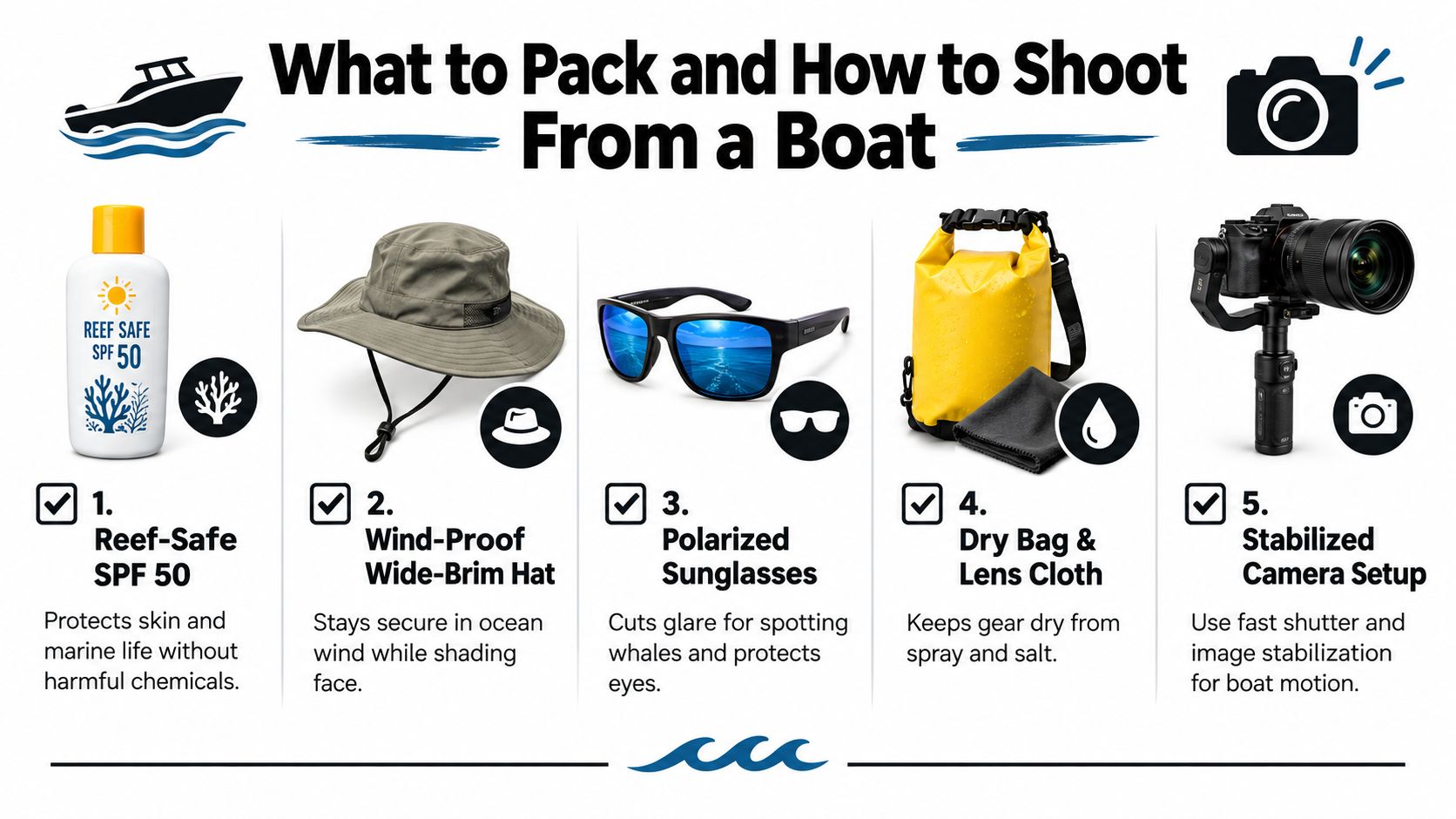 A checklist infographic illustrating essential items for a boat photography trip, including sunscreen, hat, sunglasses, and stabilized camera.