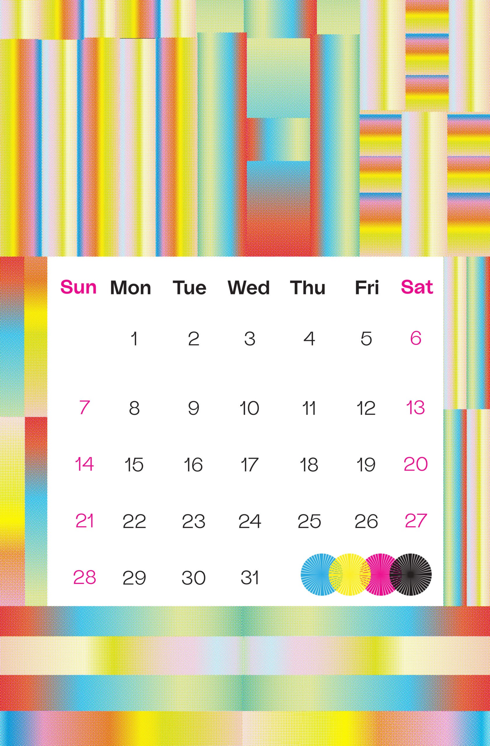 Month illustration with month dates in the middle in a square on a white background and around the square are multiple vertical and horizontal vividly colorful gradients