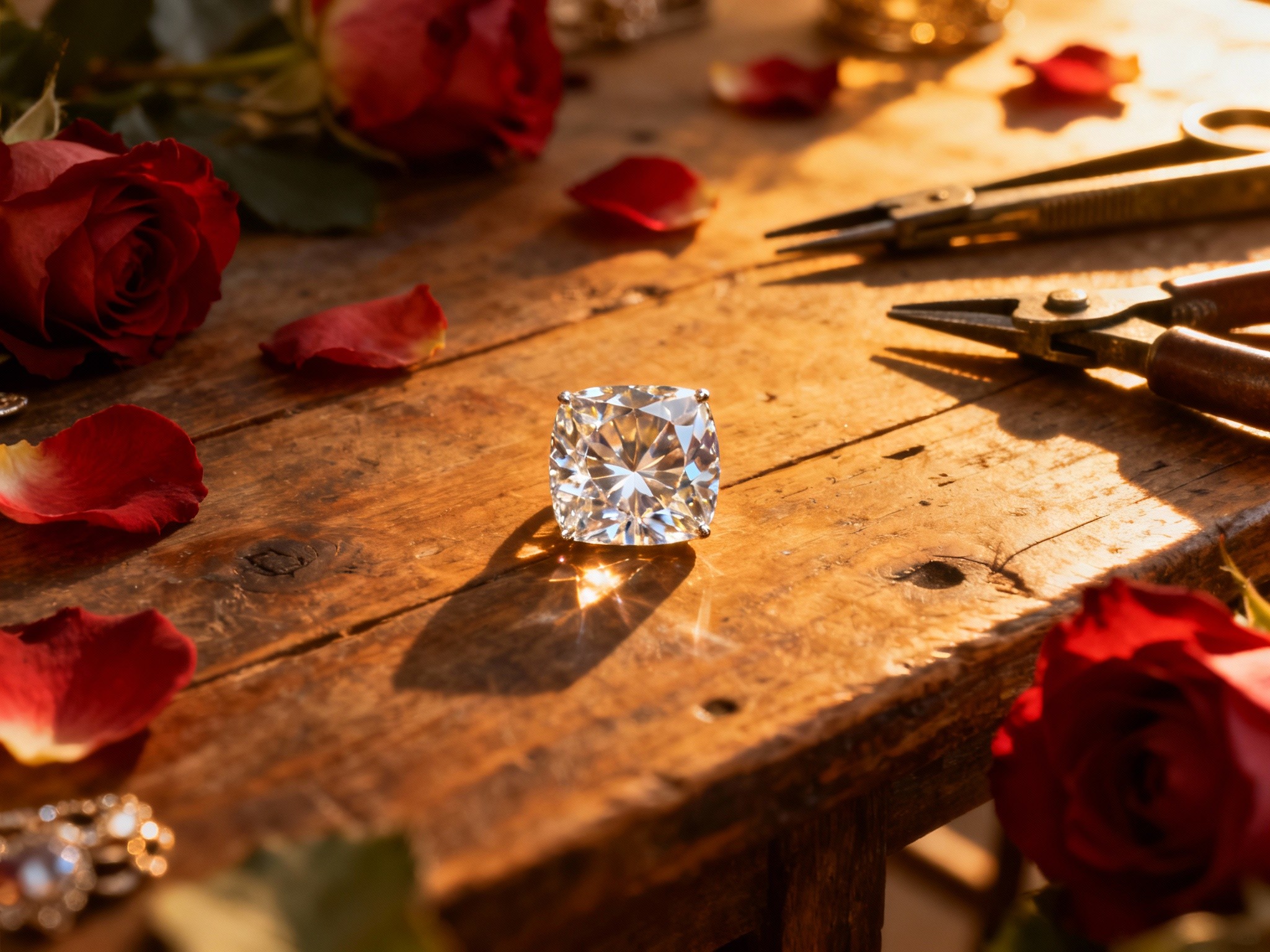 An expansive composition featuring a cushion cut diamond centerpiece on a rustic wooden table during
