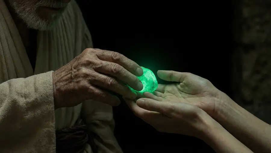 Two pairs of hands passing a glowing green stone in the dark